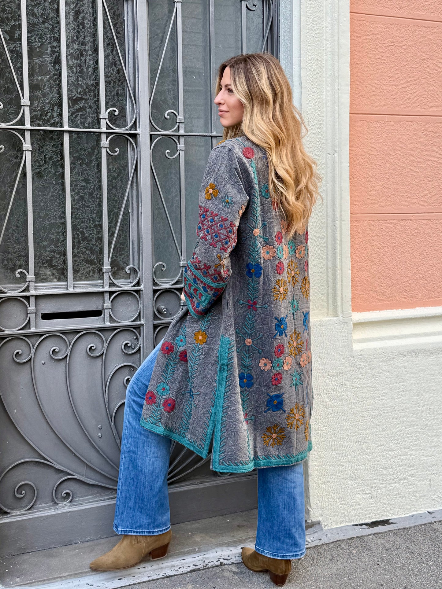 Embroidered Stone Washed Coat - One Size