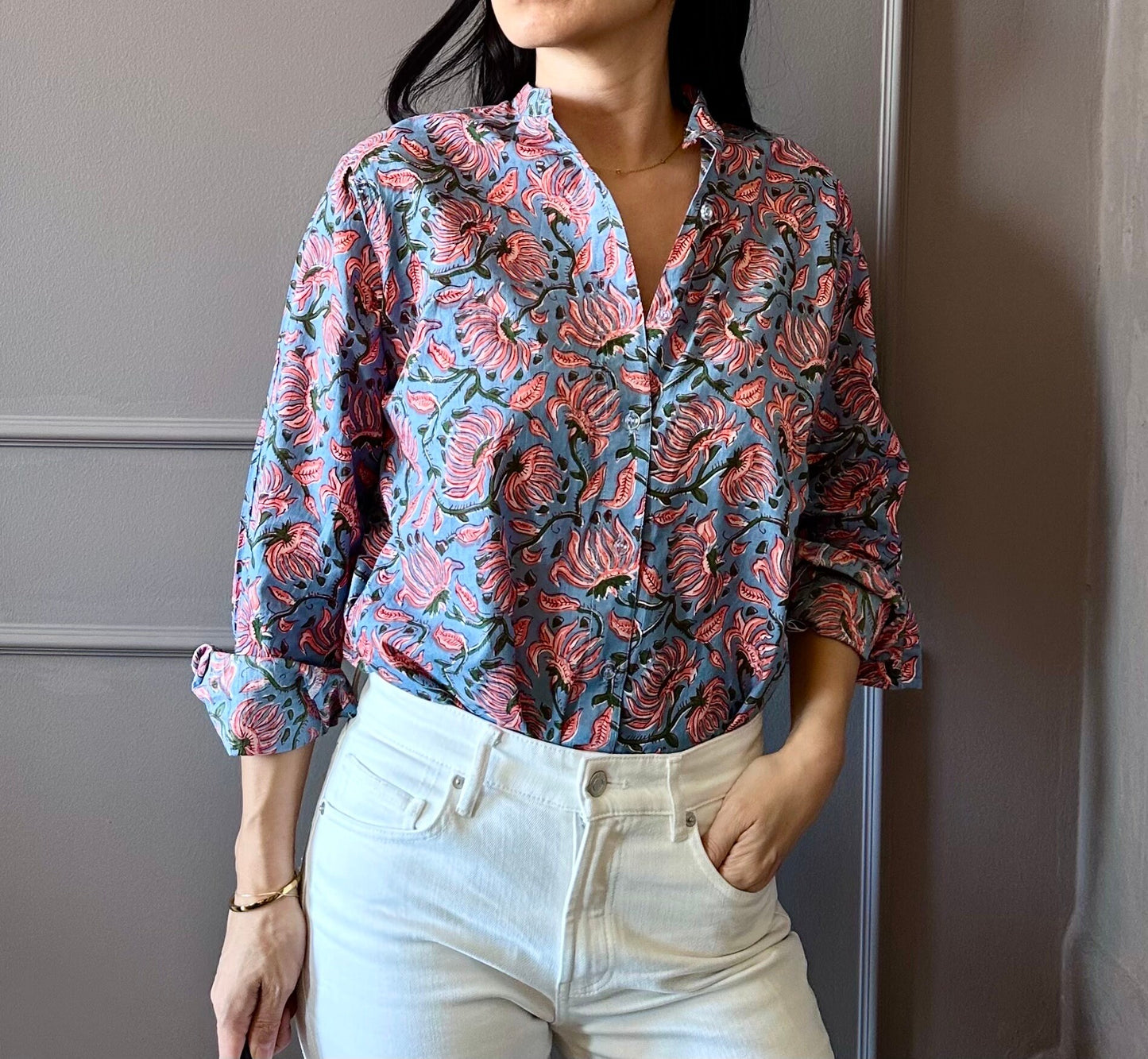 Pink Camelia Cotton Shirt - Blue