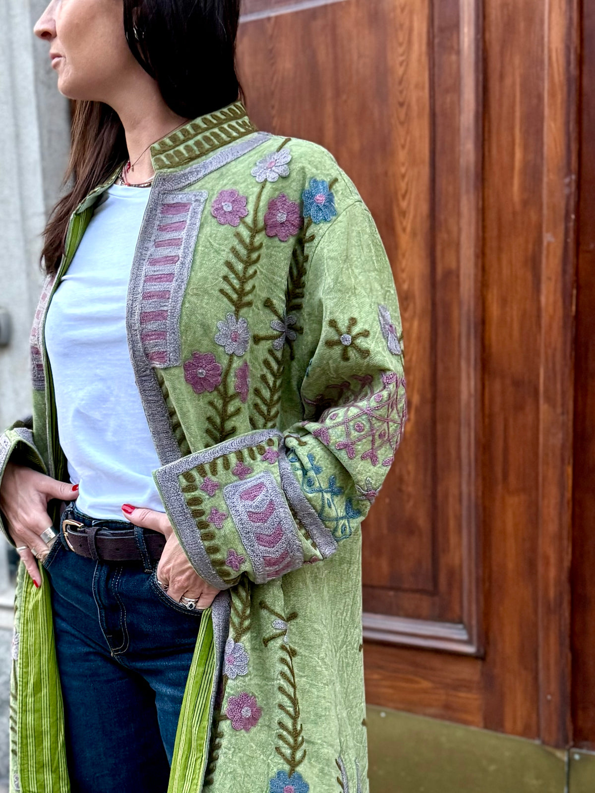 Embroidered Stone Washed Coat - One Size