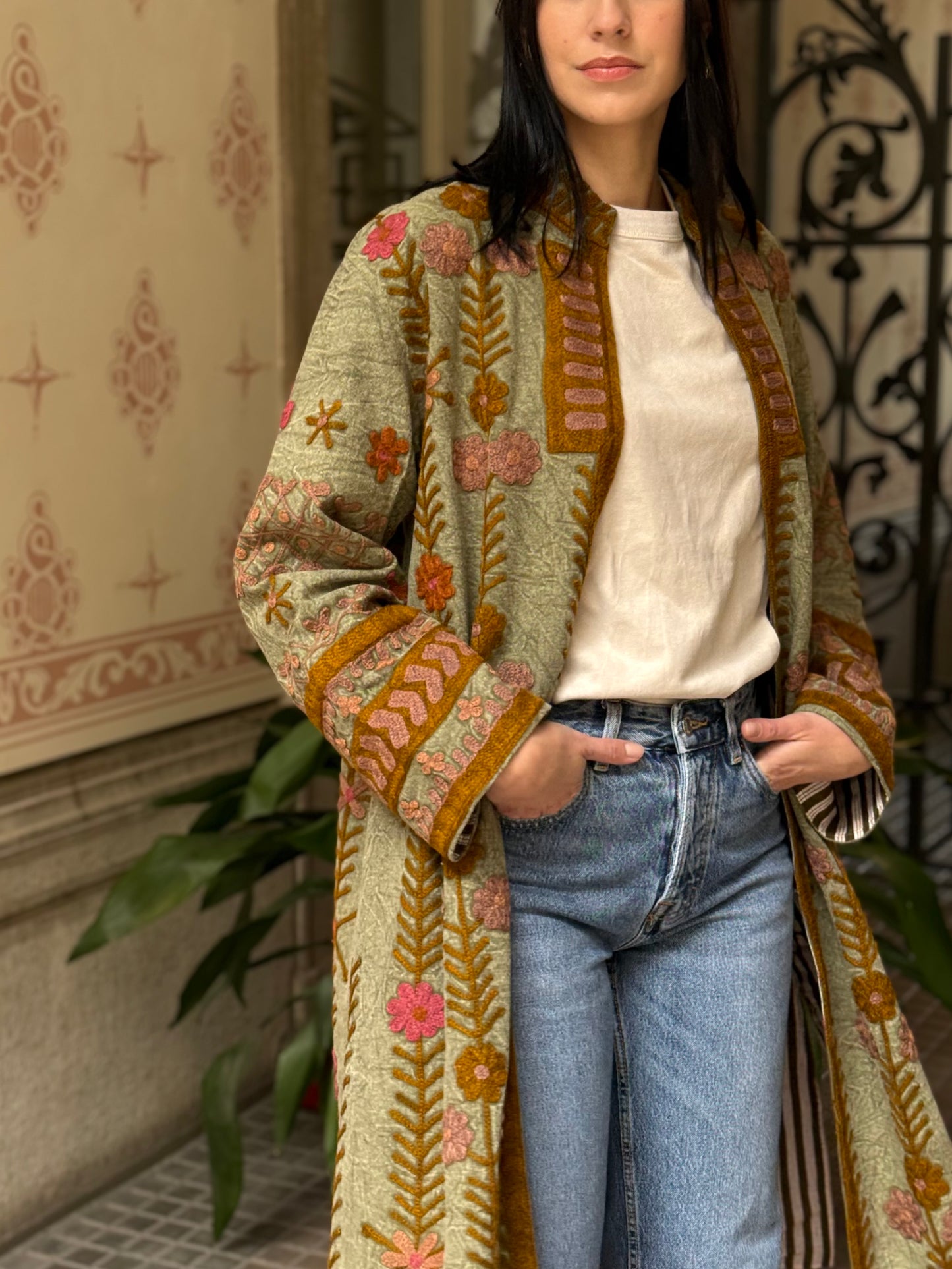 Embroidered Stone Washed Coat - One Size