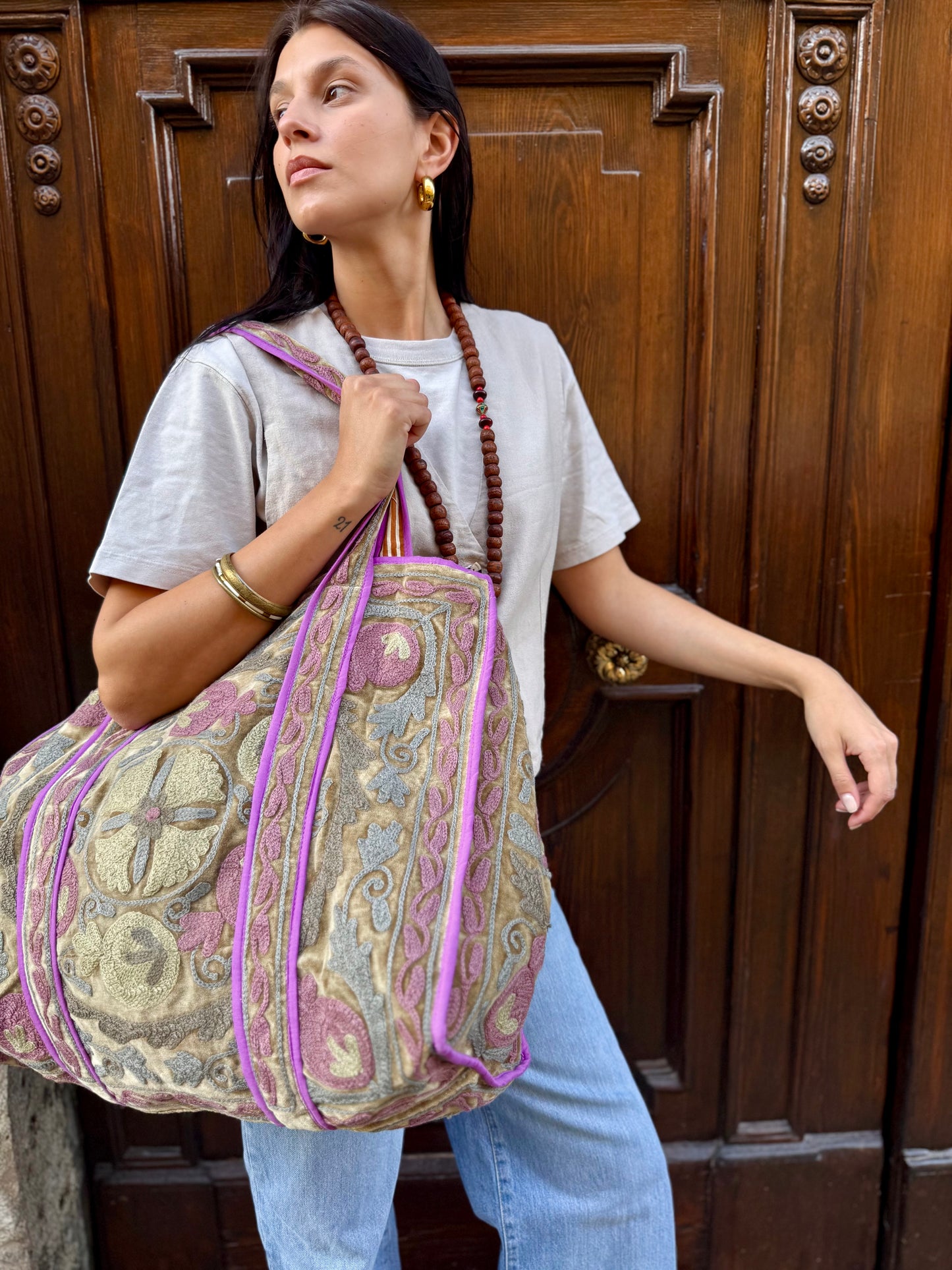 Velvet Suzani Embroidered Tote Bag
