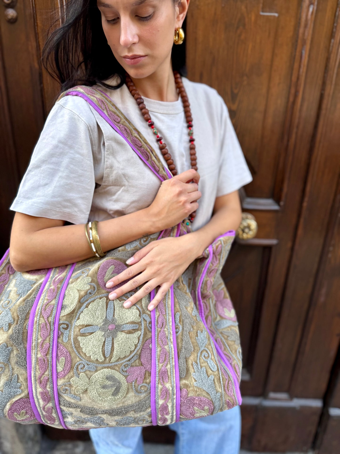 Velvet Suzani Embroidered Tote Bag