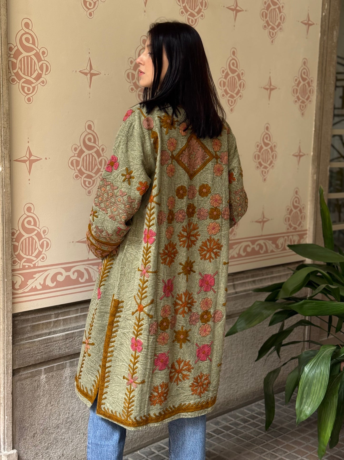Embroidered Stone Washed Coat - One Size