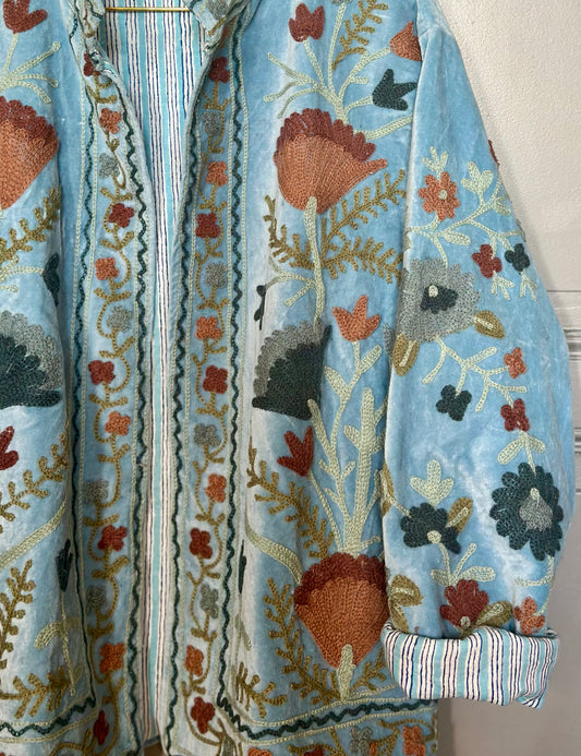 Suzani Giacca Kimono in velluto ricamata - Azzurro