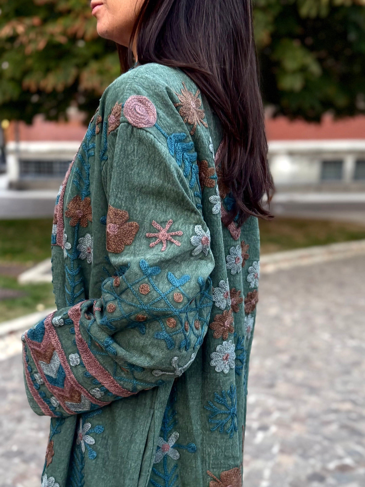 Embroidered Stone Washed Coat - One Size