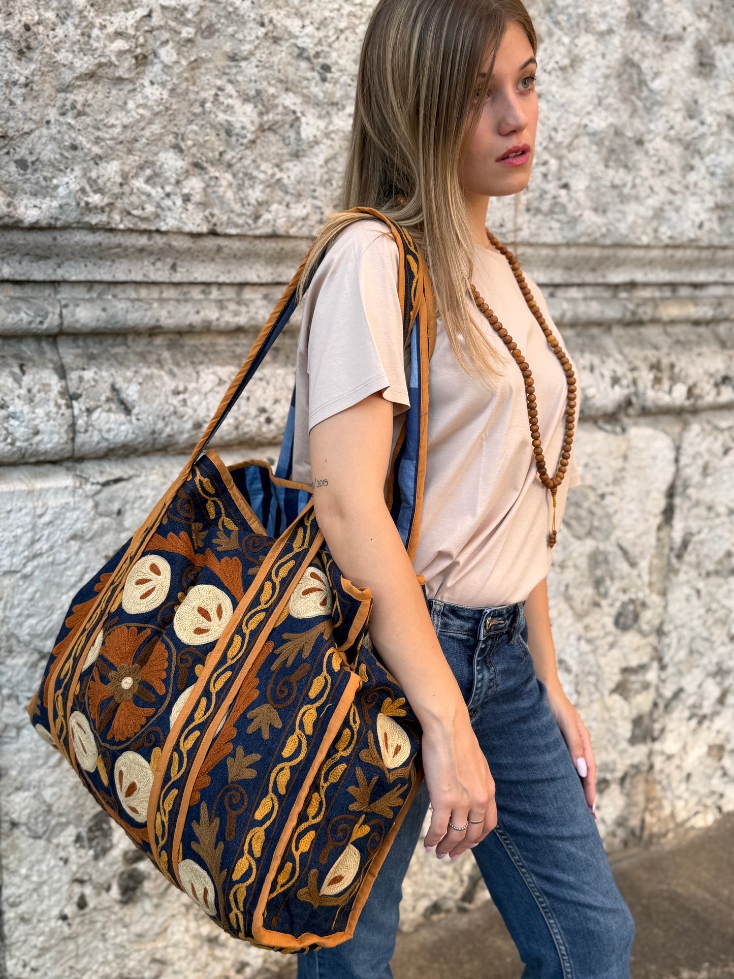 Denim Suzani Embroidered Tote Bag