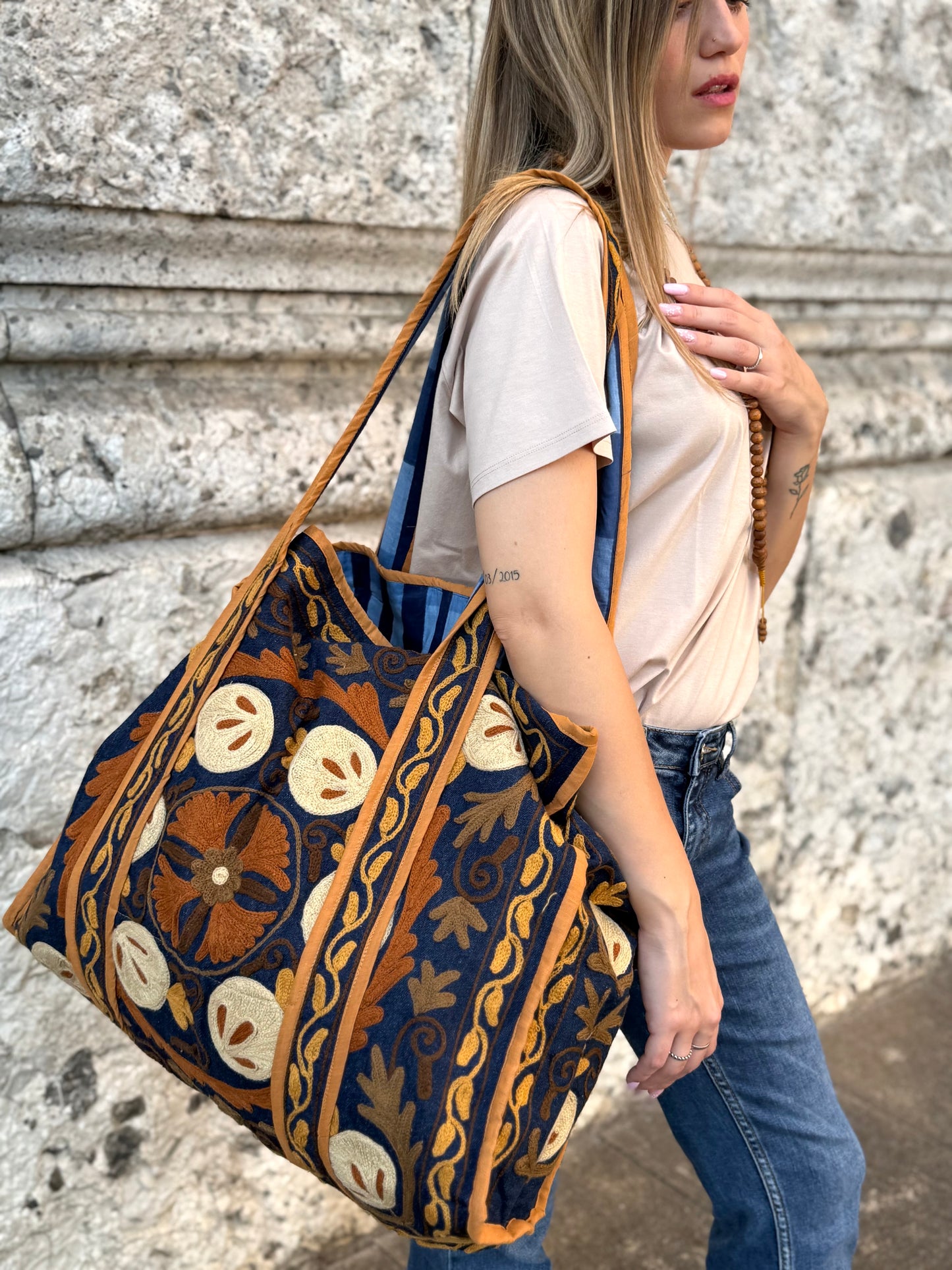 Denim Suzani Embroidered Tote Bag