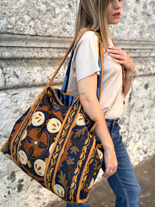 Denim Suzani Embroidered Tote Bag