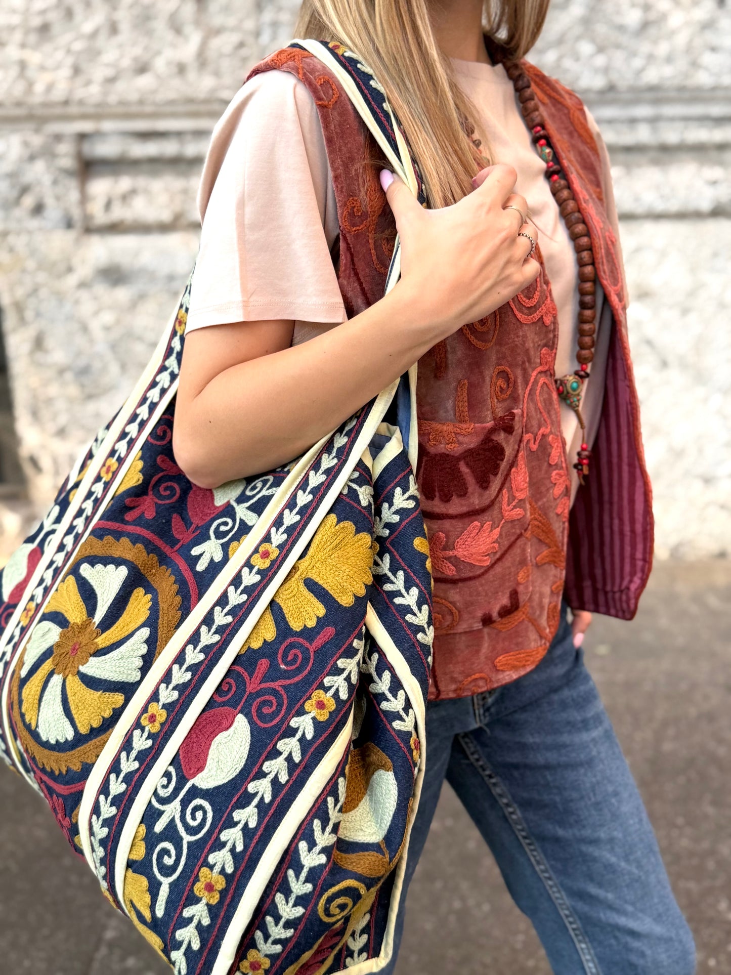 Denim Suzani Embroidered Tote Bag
