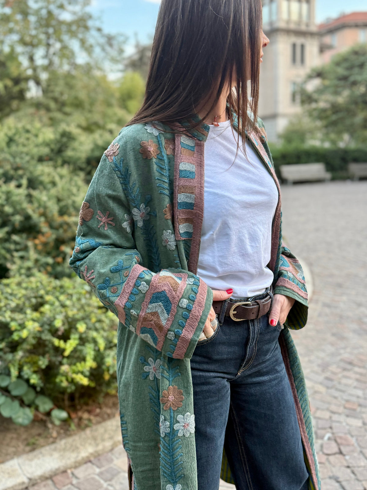 Embroidered Stone Washed Coat - One Size
