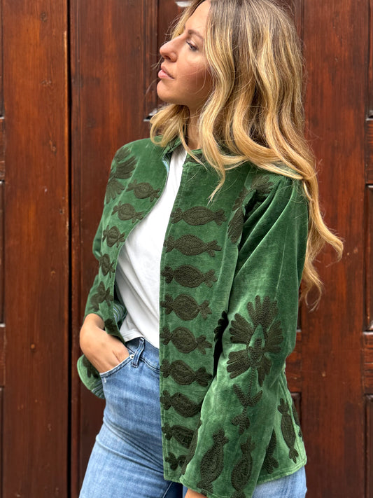 Flower Velvet Jacket - Green Medium