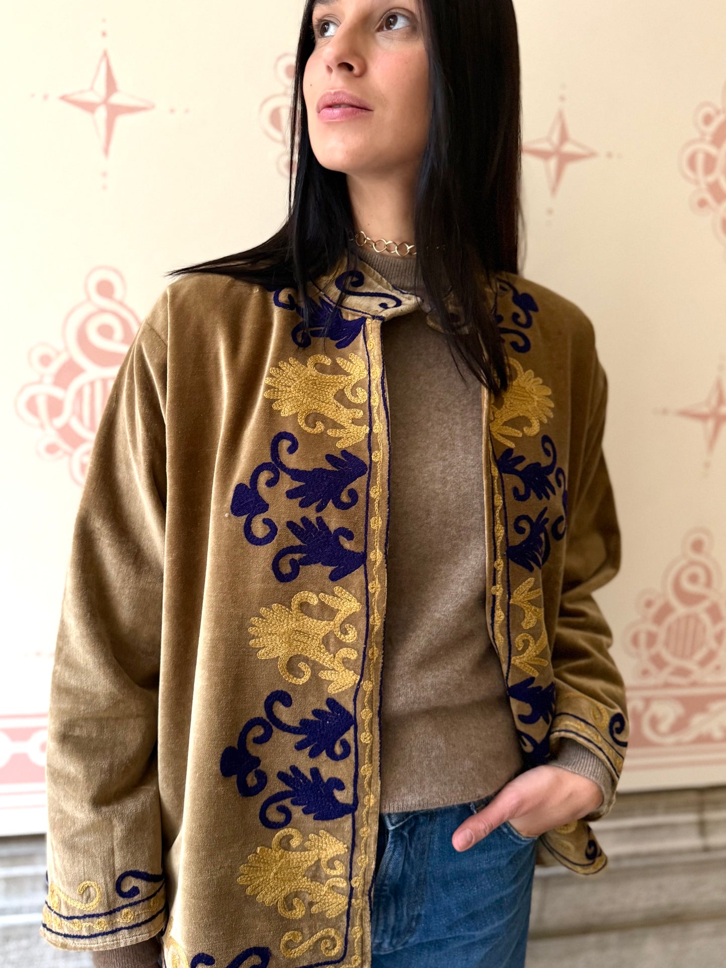 Rani Velvet Suzani Embroidered Jacket - Khaki One Size