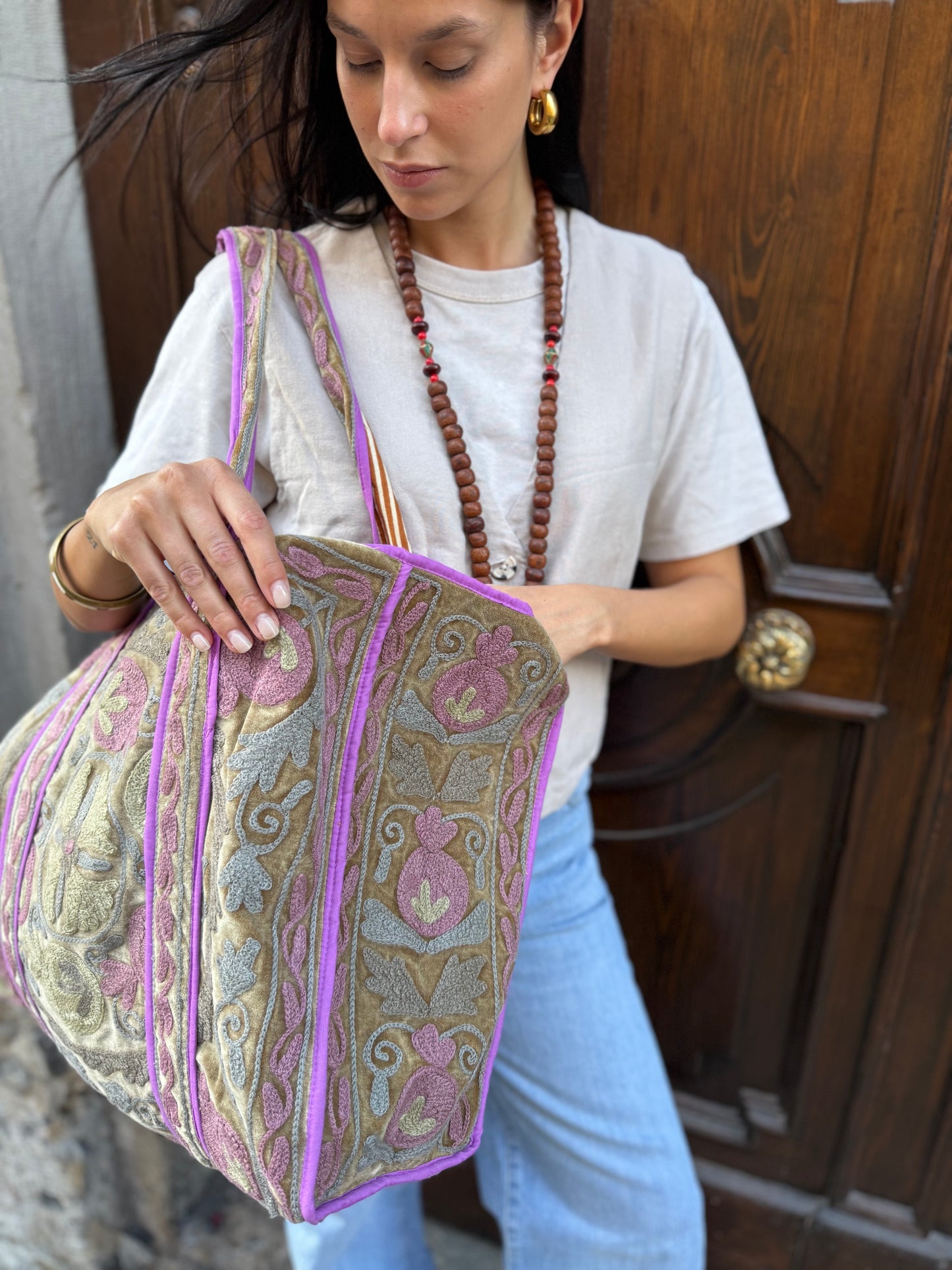 Velvet Suzani Embroidered Tote Bag