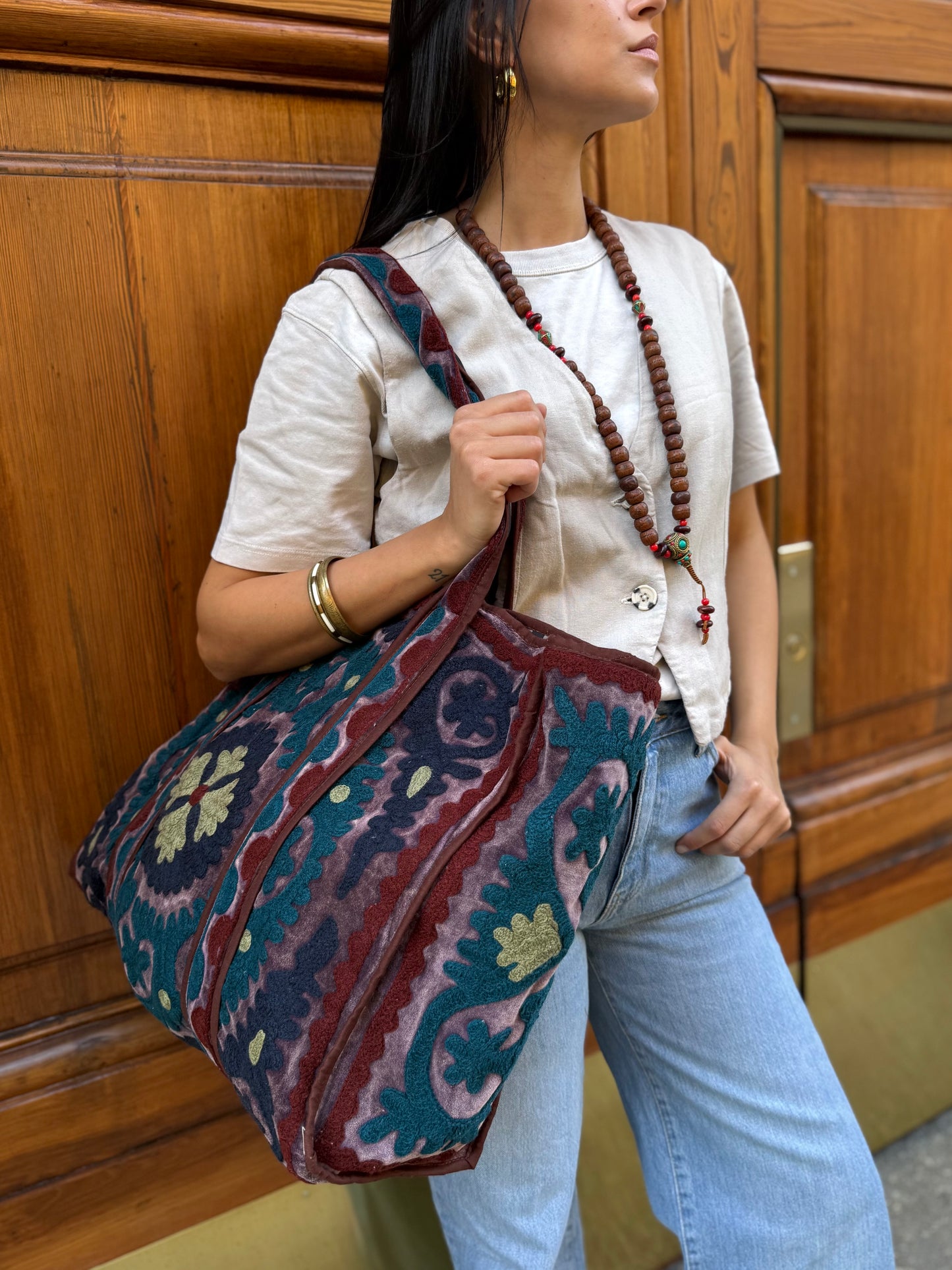 Velvet Suzani Embroidered Tote Bag