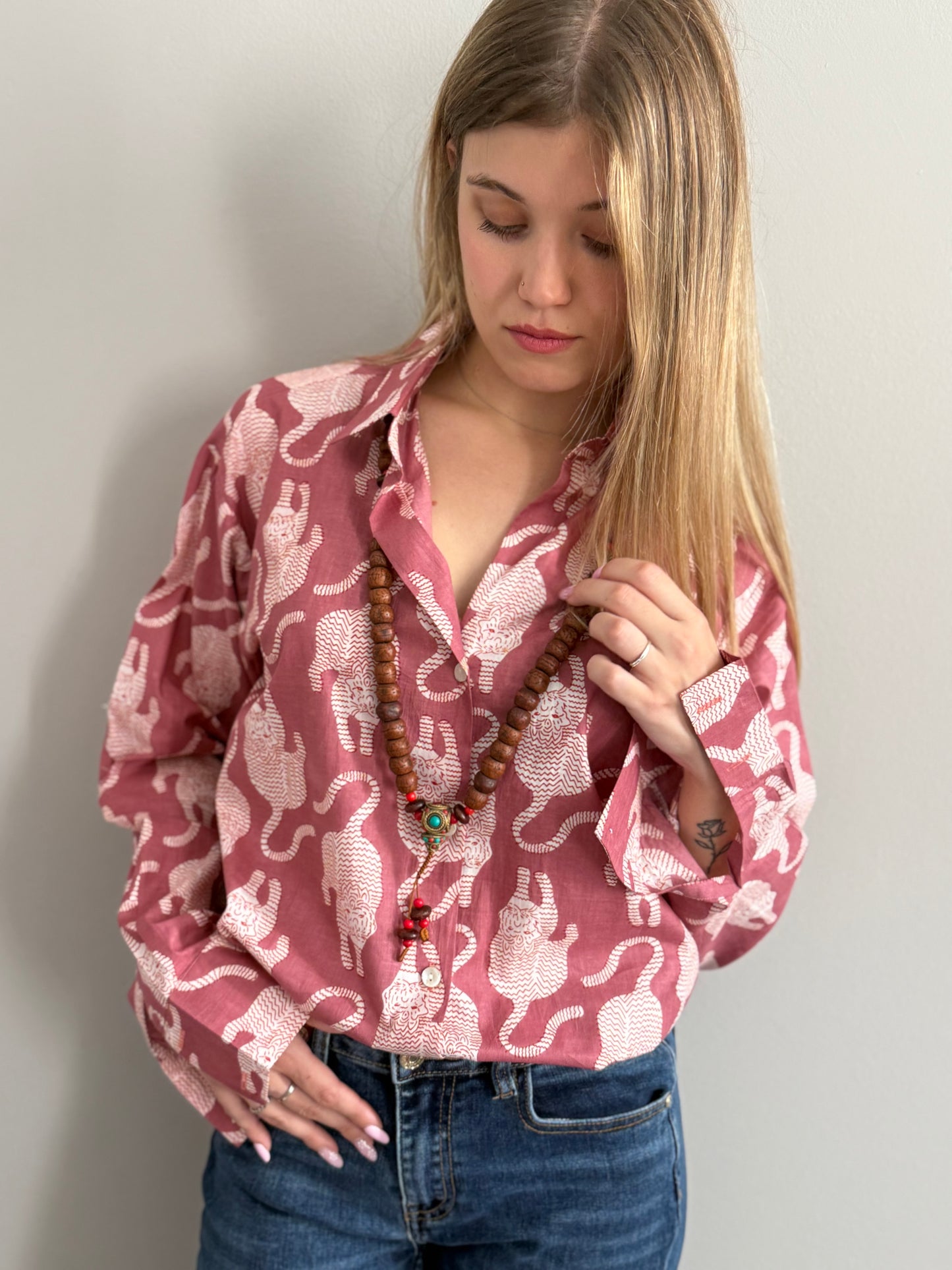 Cotton Shirt - Tibetan Tiger Antique Pink