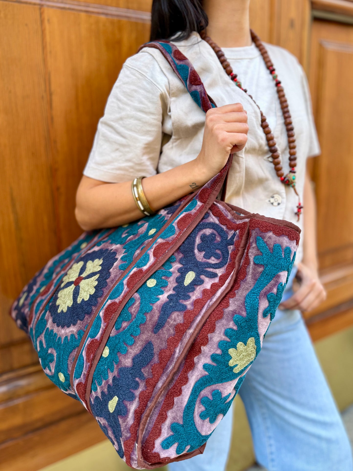 Velvet Suzani Embroidered Tote Bag