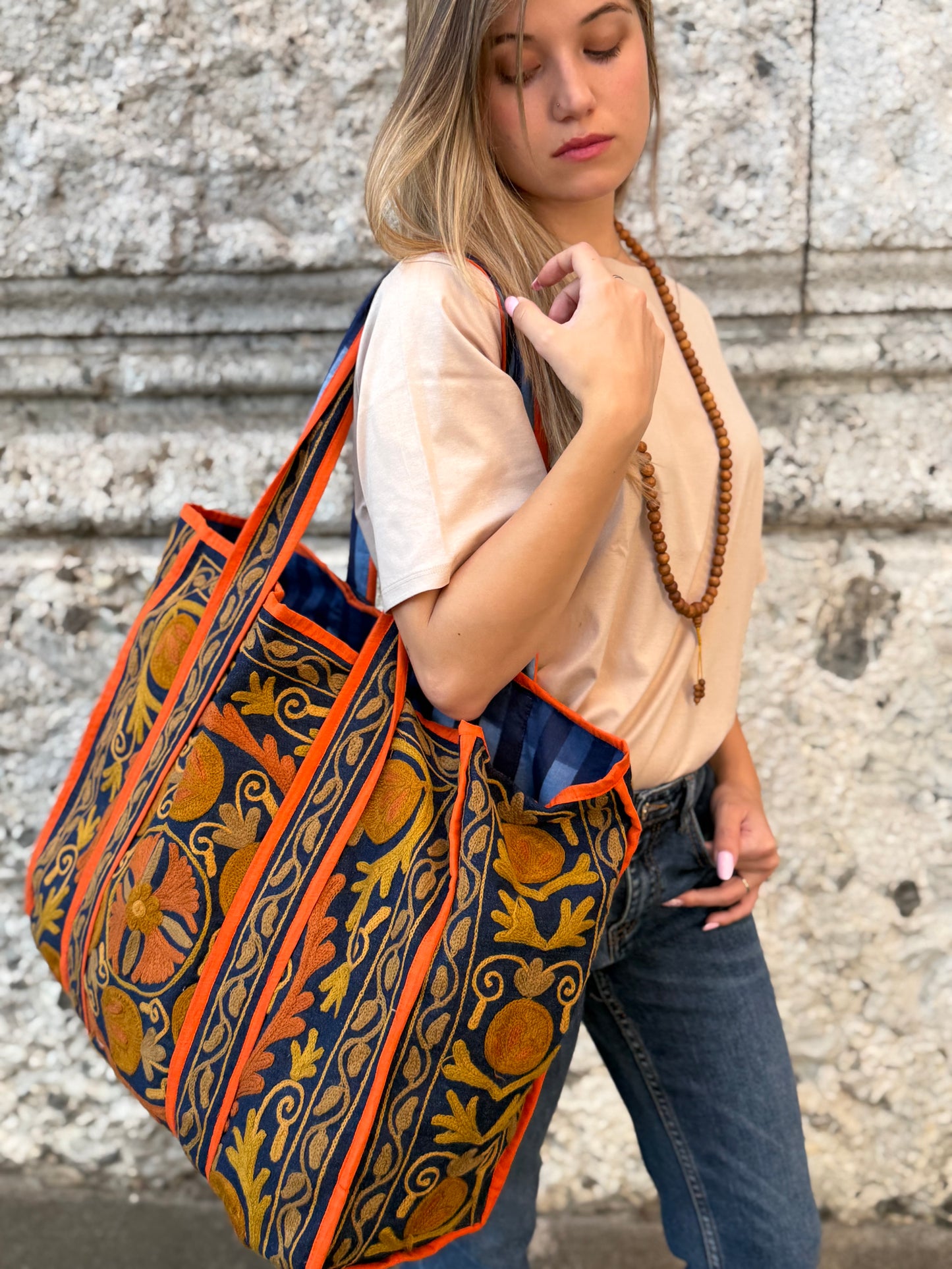 Denim Suzani Embroidered Tote Bag