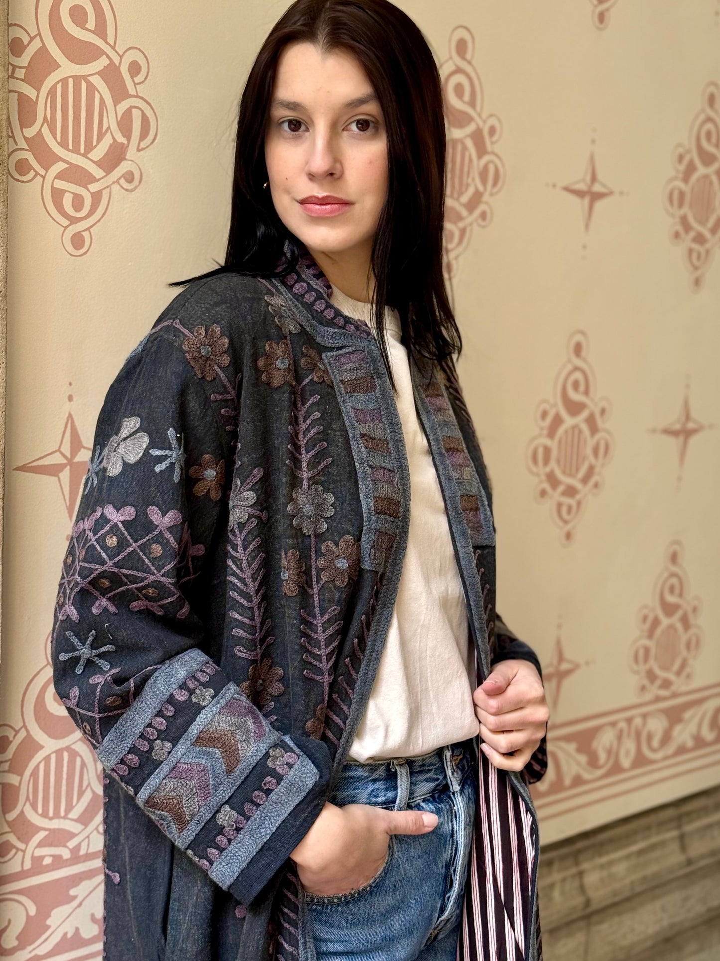 Embroidered Stone Washed Coat - One Size
