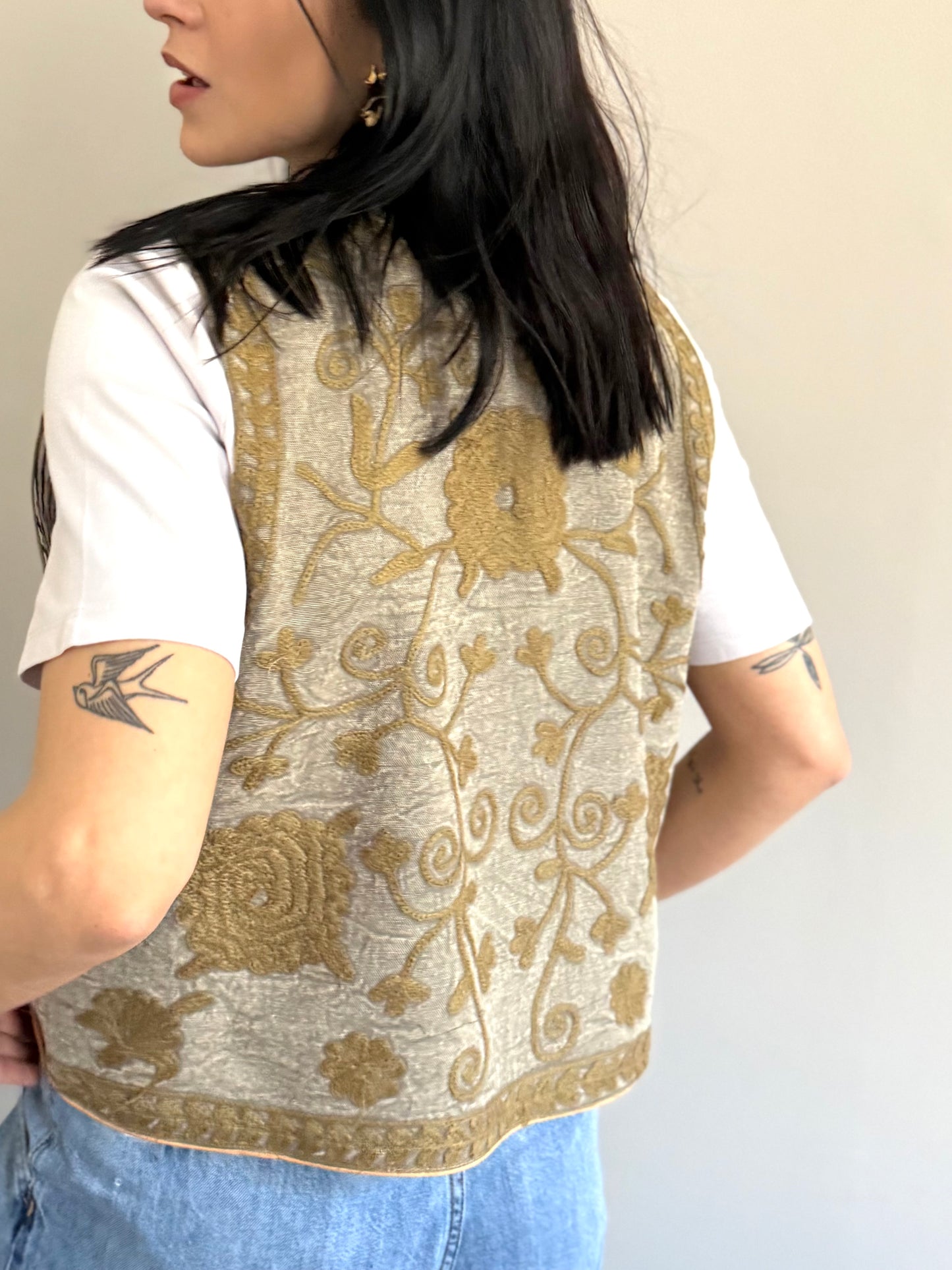Cotton Boho Embroidered Vest - Beige