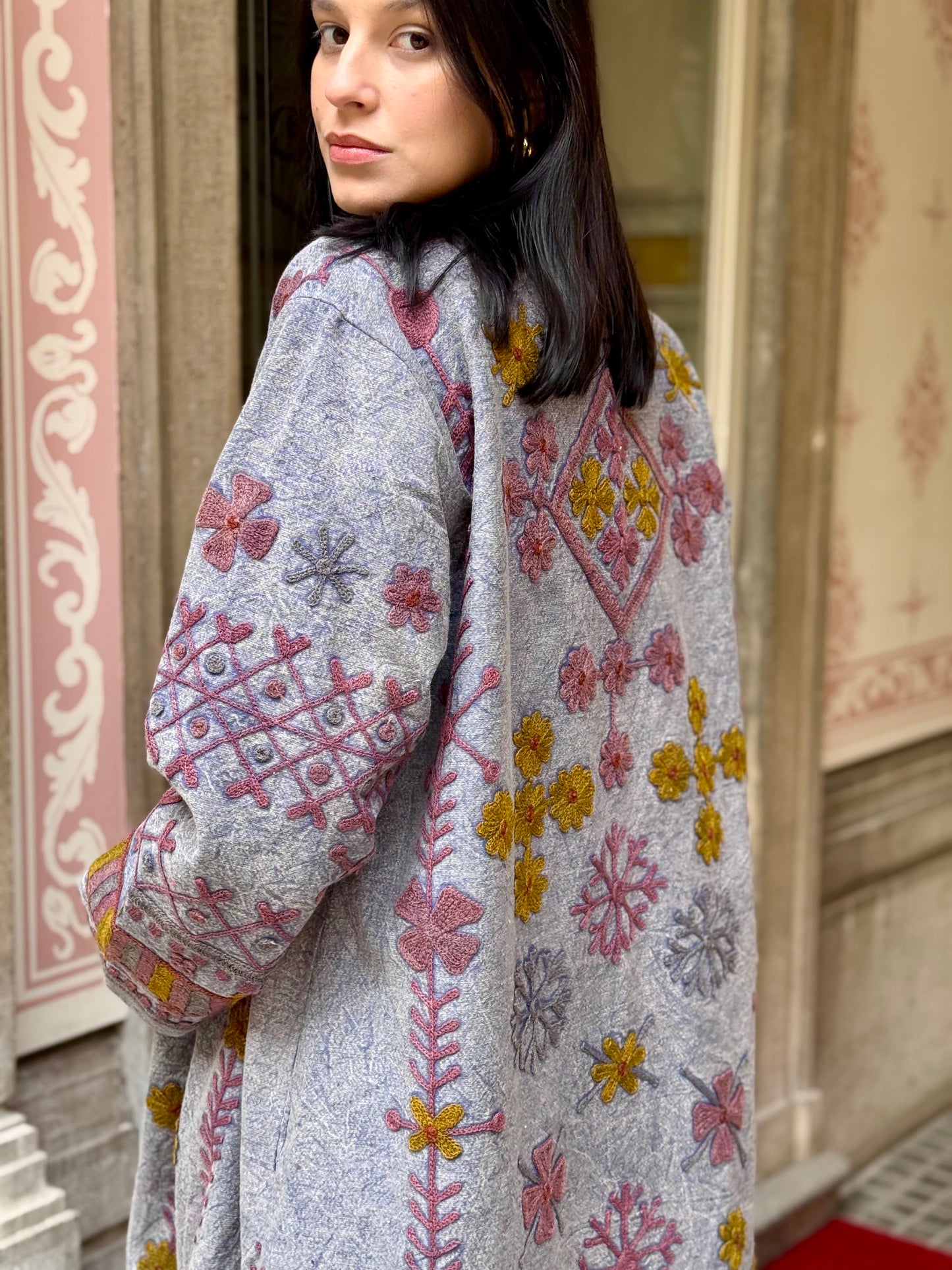 Embroidered Stone Washed Coat - One Size