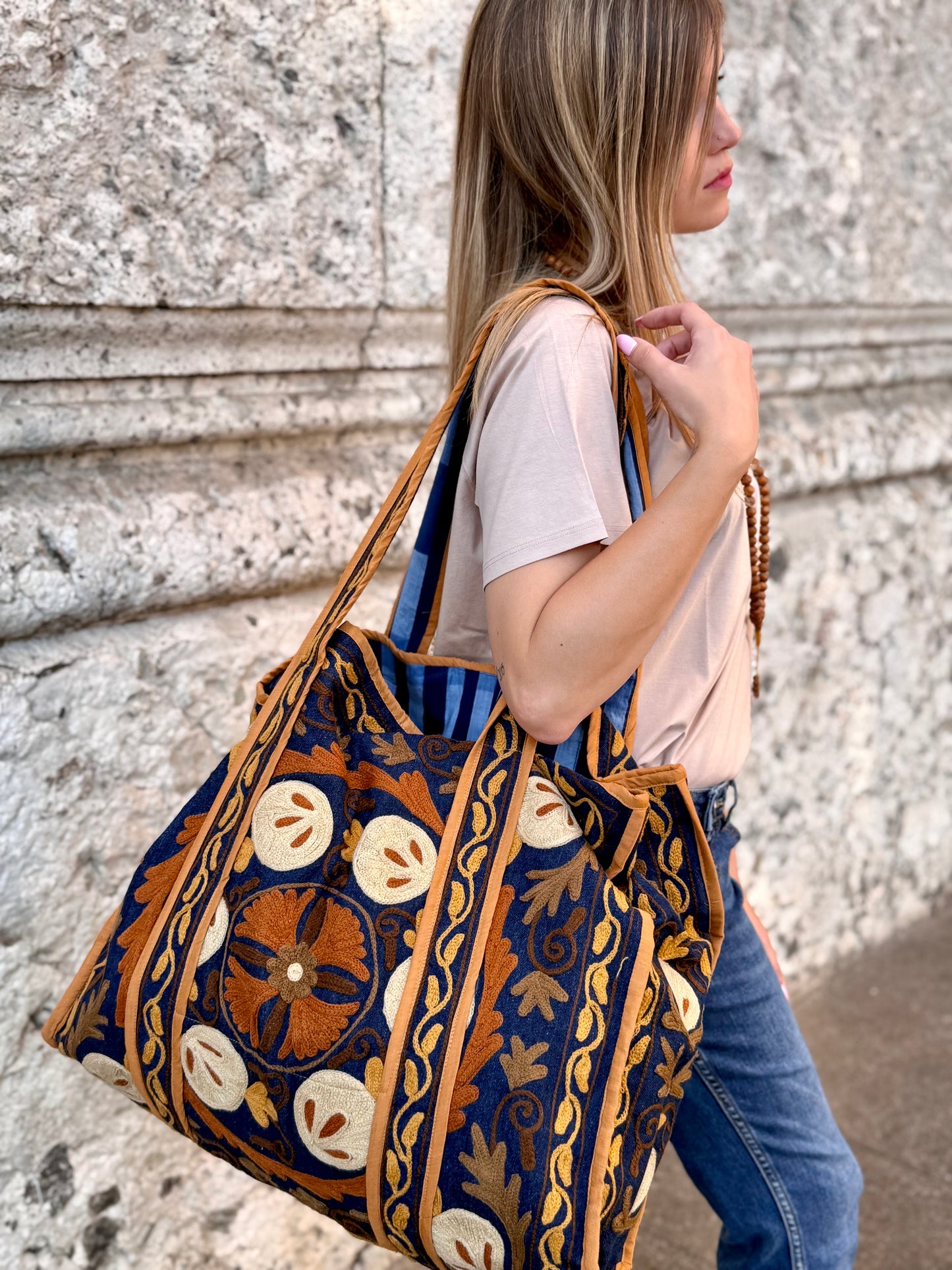 Denim Suzani Embroidered Tote Bag