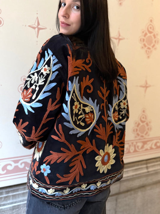 Flame Velvet Suzani Embroidered Jacket - Black One Size