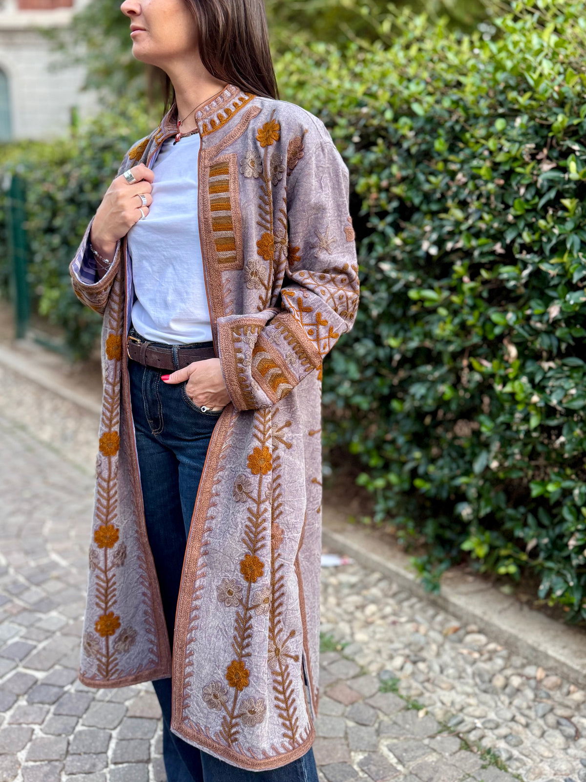 Embroidered Stone Washed Coat - One Size