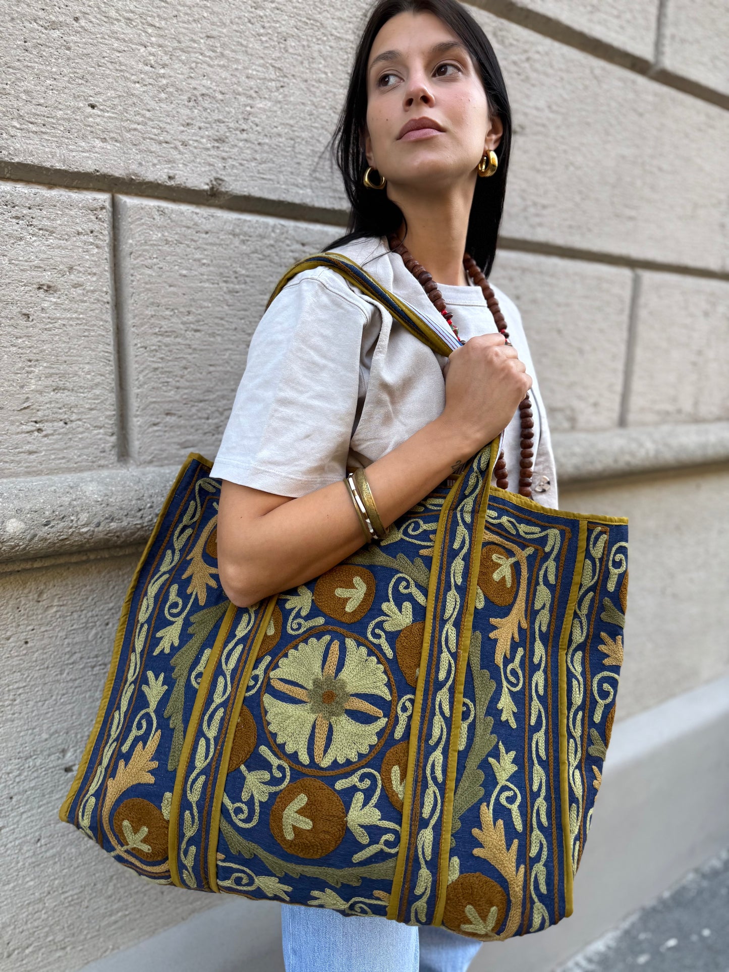 Denim Suzani Embroidered Tote Bag