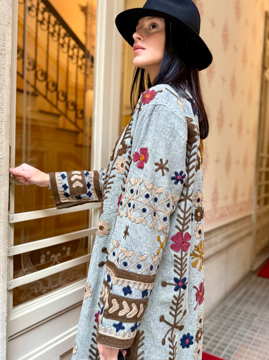 Embroidered Stone Washed Coat - One Size