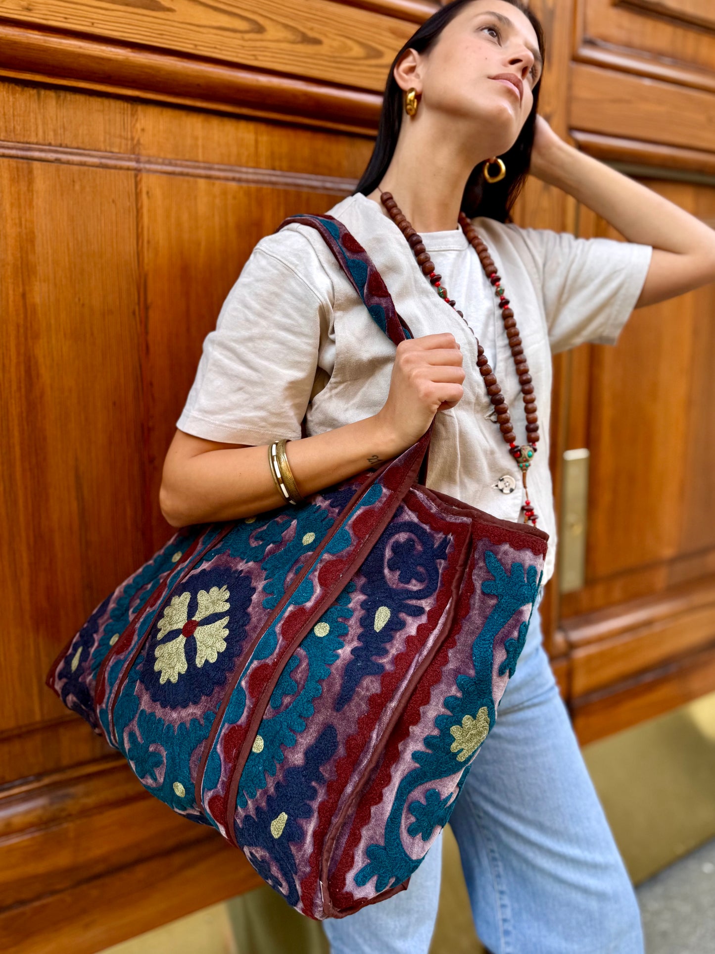 Velvet Suzani Embroidered Tote Bag