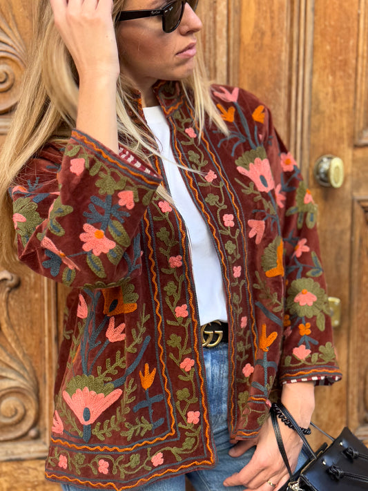 Velvet Suzani Embroidered Jacket - Brown