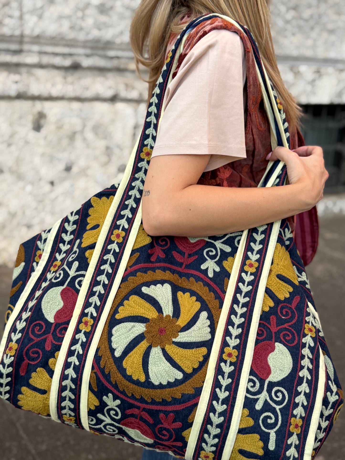 Denim Suzani Embroidered Tote Bag