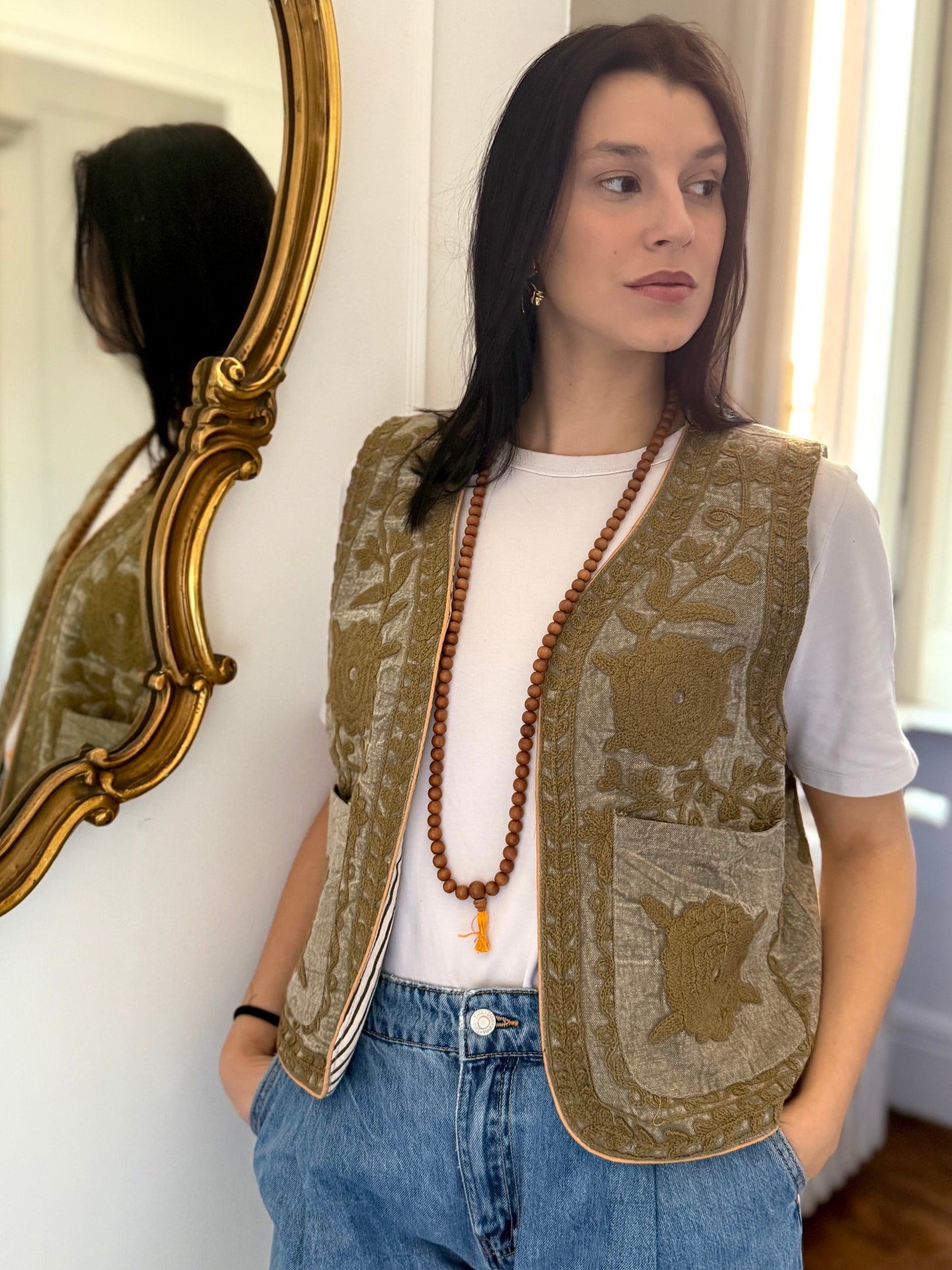 Cotton Boho Embroidered Vest - Beige