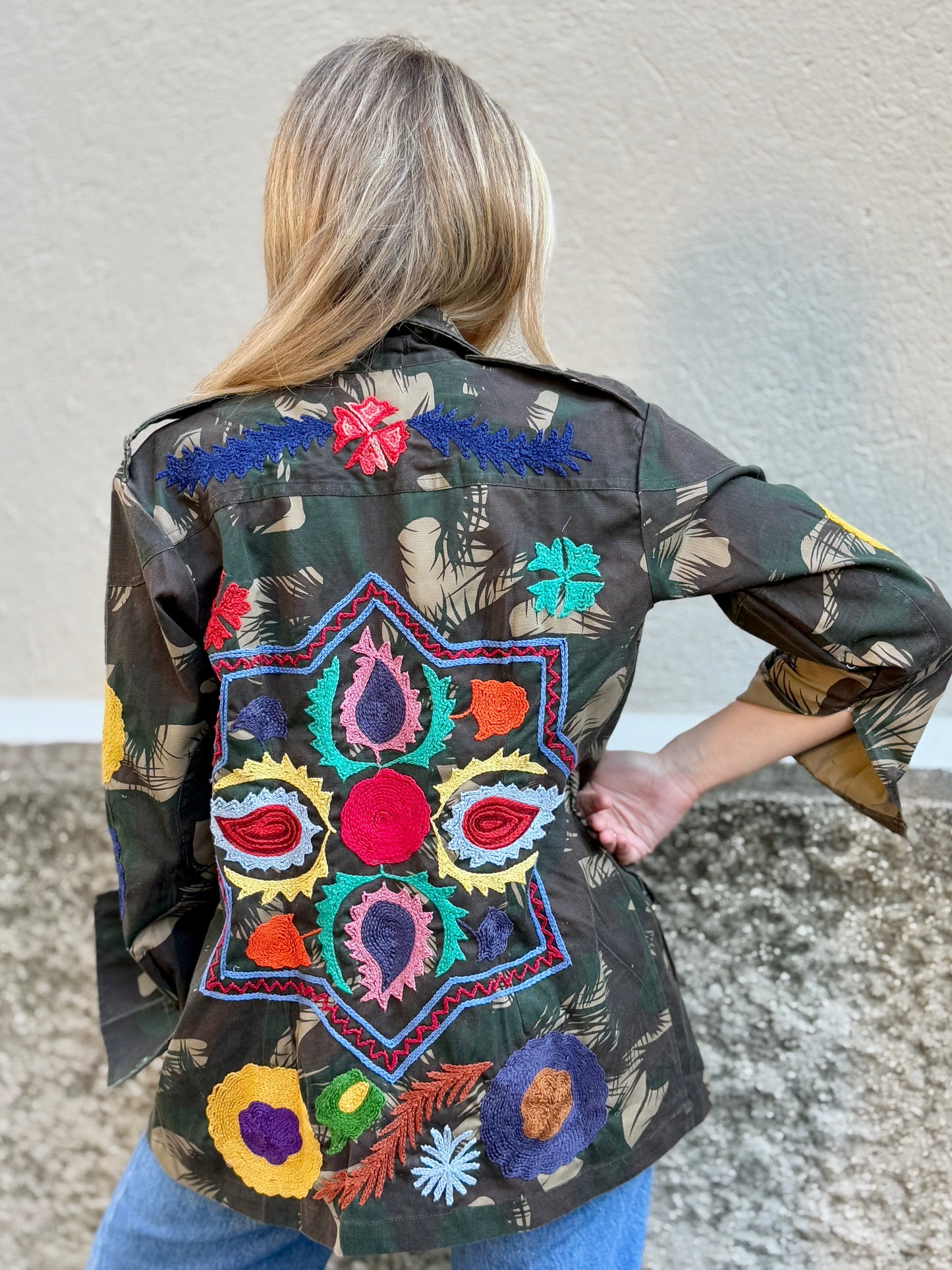 Vintage Army Jacket hand embroidered - Poppy