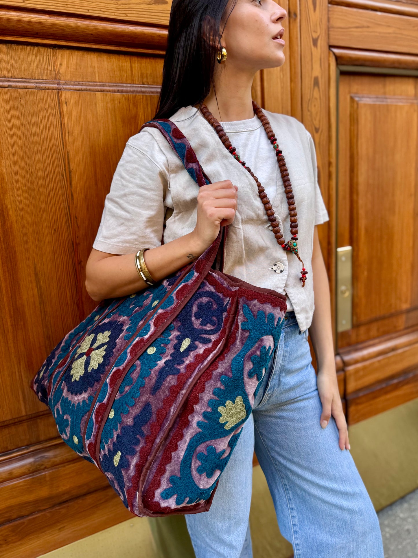 Velvet Suzani Embroidered Tote Bag