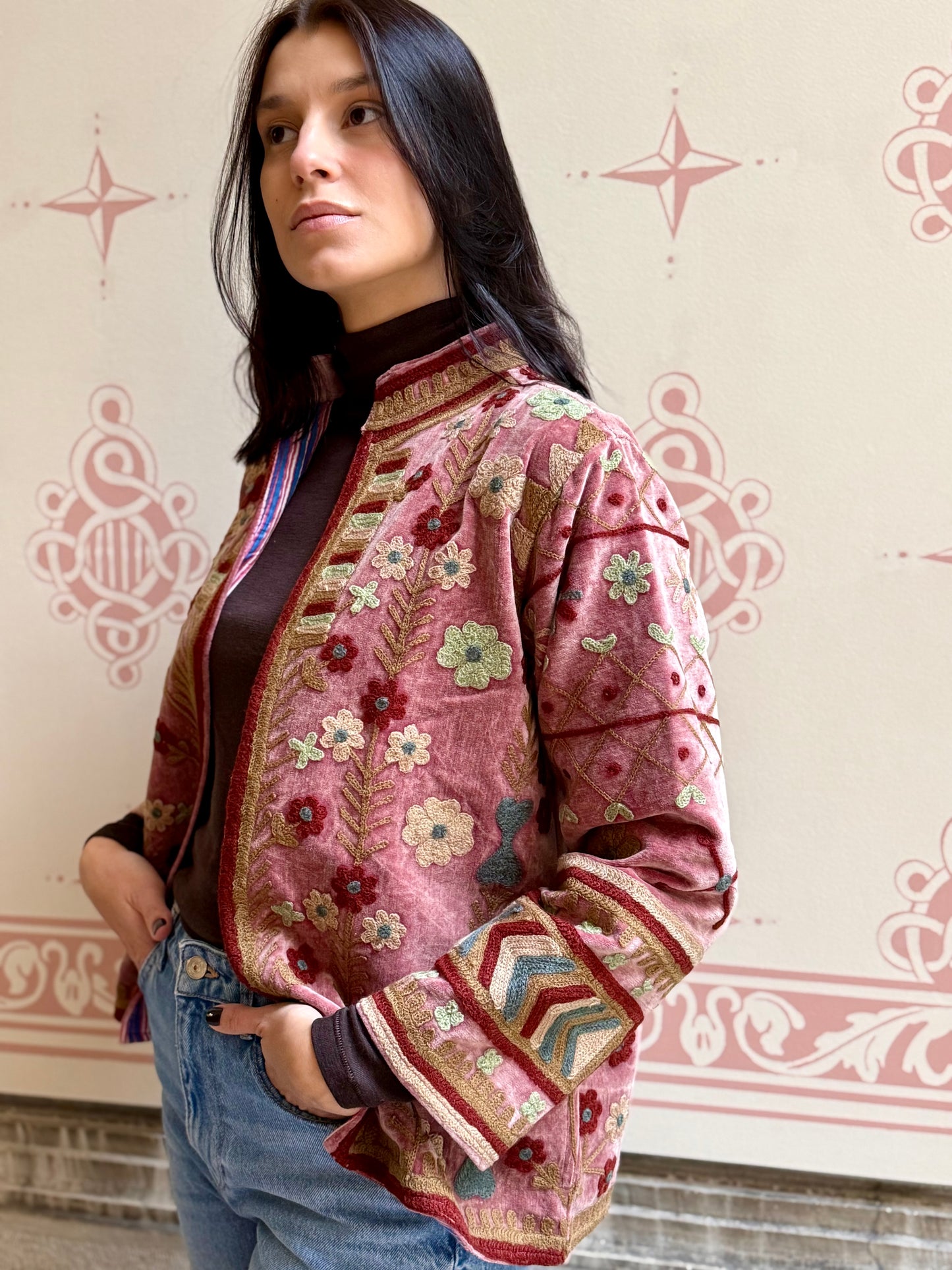 Flower Velvet Jacket Stone - Medium