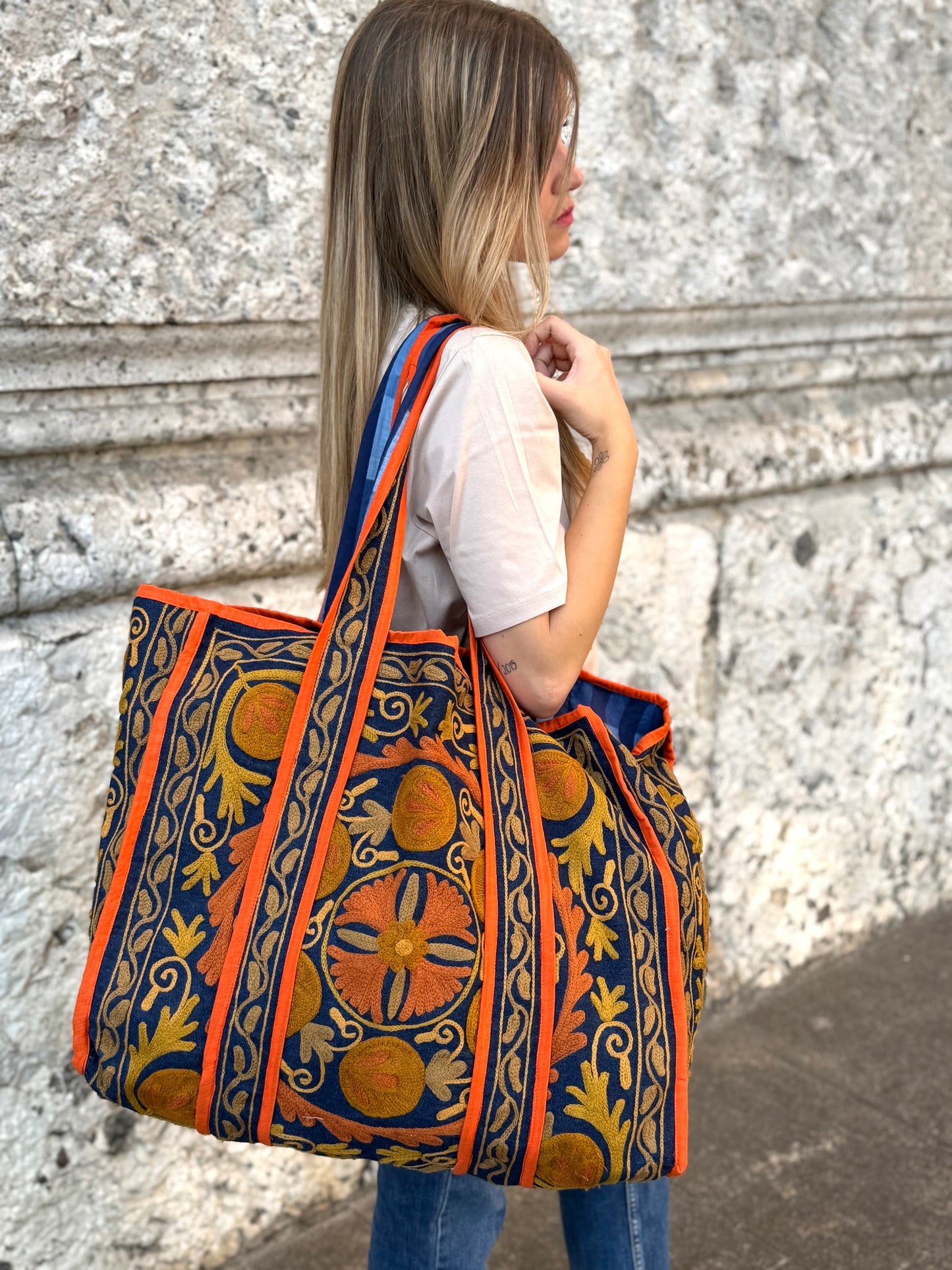 Denim Suzani Embroidered Tote Bag