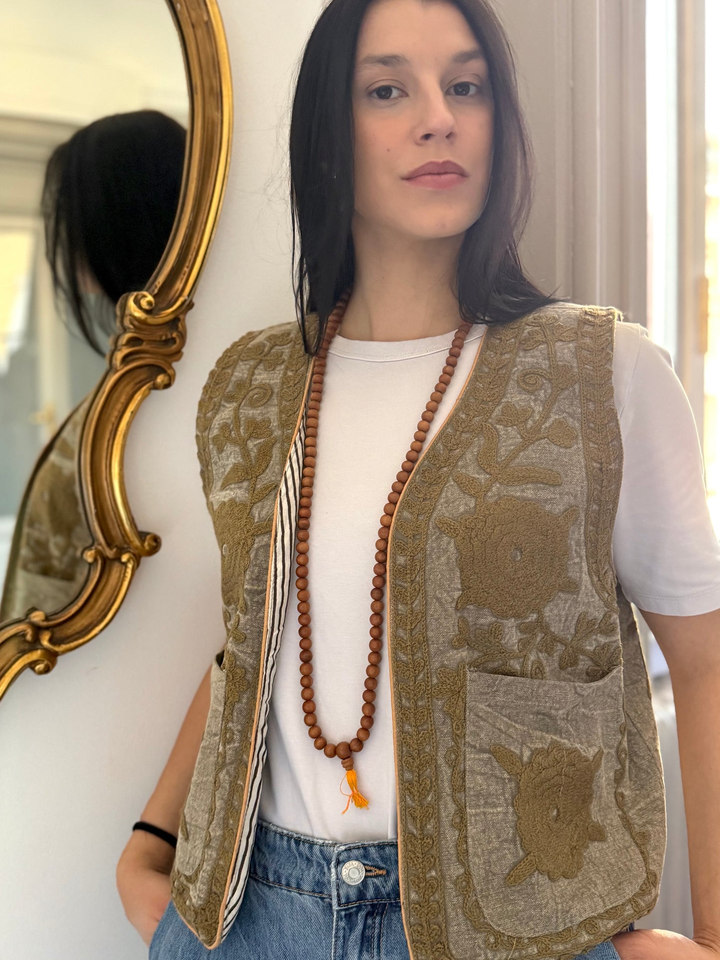 Cotton Boho Embroidered Vest - Beige
