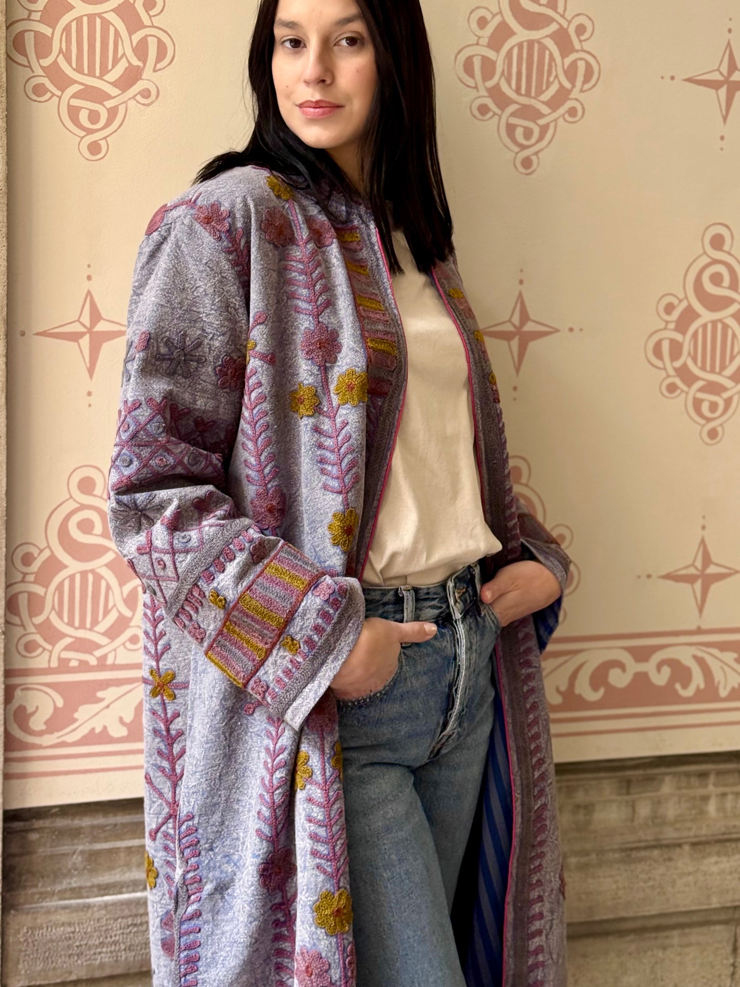 Embroidered Stone Washed Coat - One Size