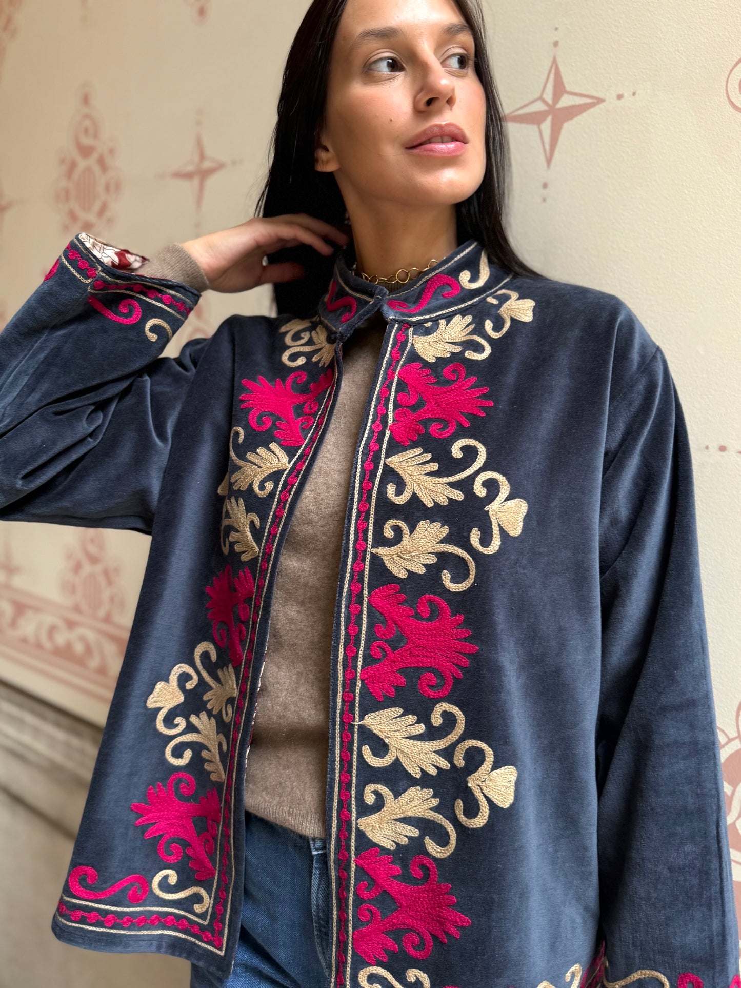 Rani Velvet Suzani Embroidered Jacket - Blue One Size