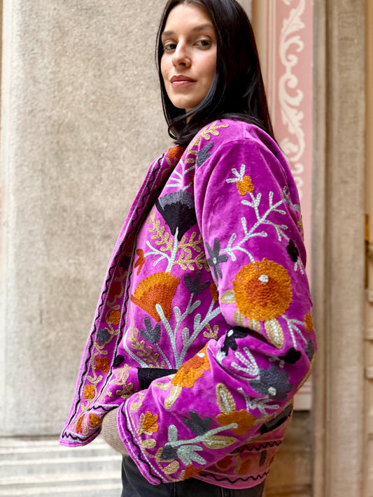 Suzani Giacca Kimono in velluto ricamata - Ciclamino