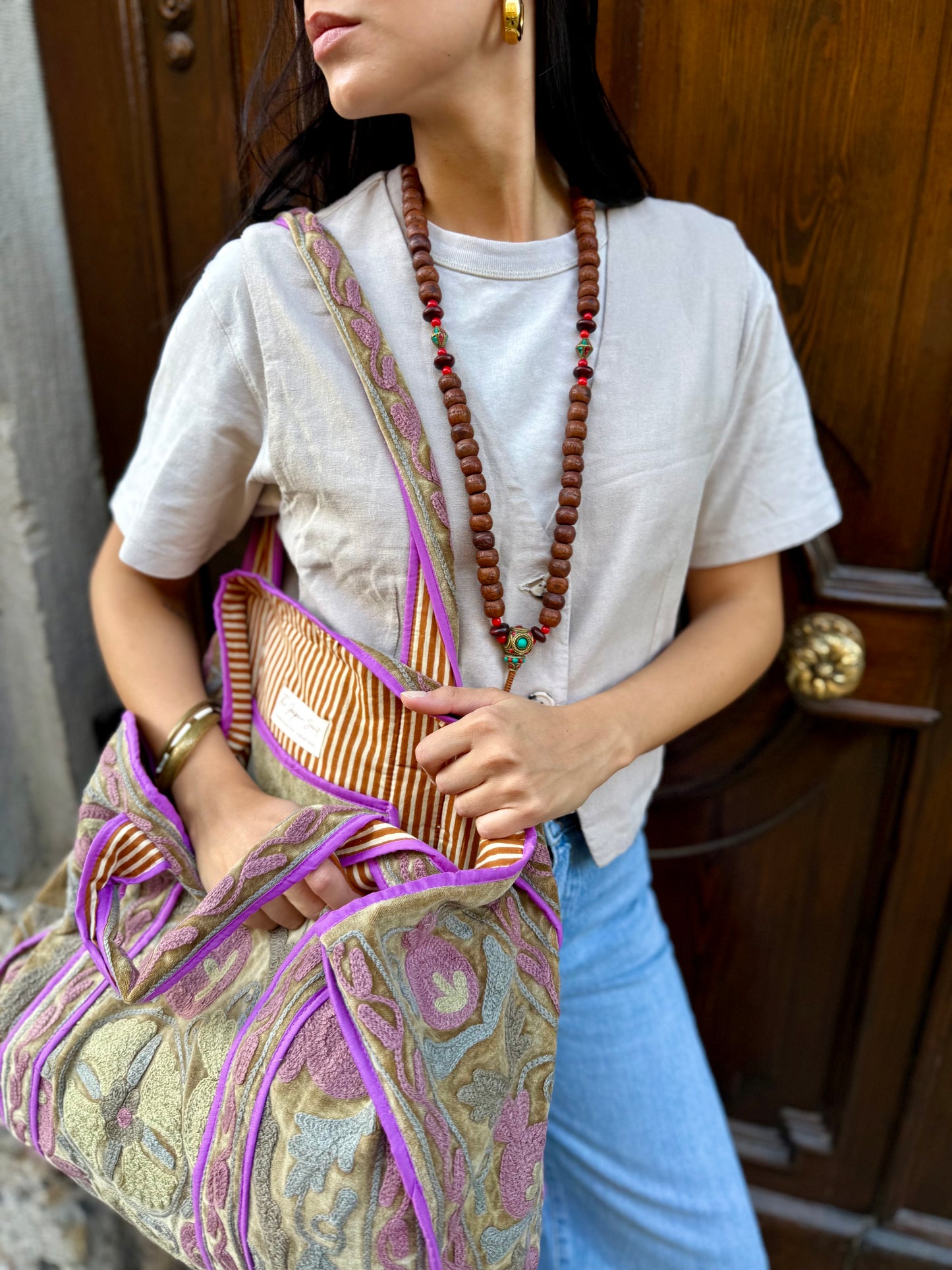 Velvet Suzani Embroidered Tote Bag