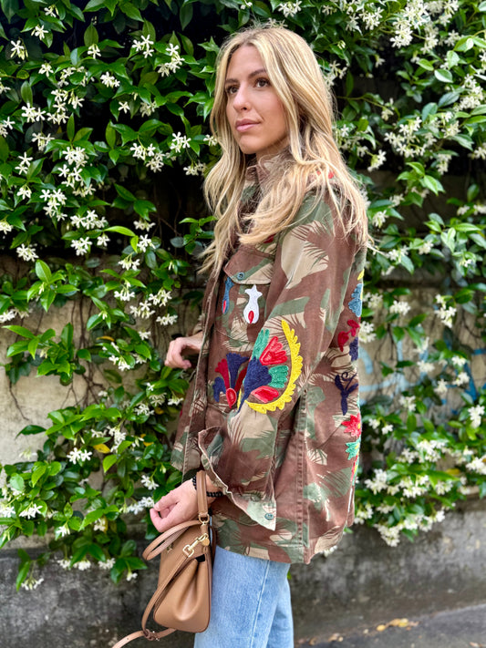 Vintage Army Jacket hand embroidered - Pansy