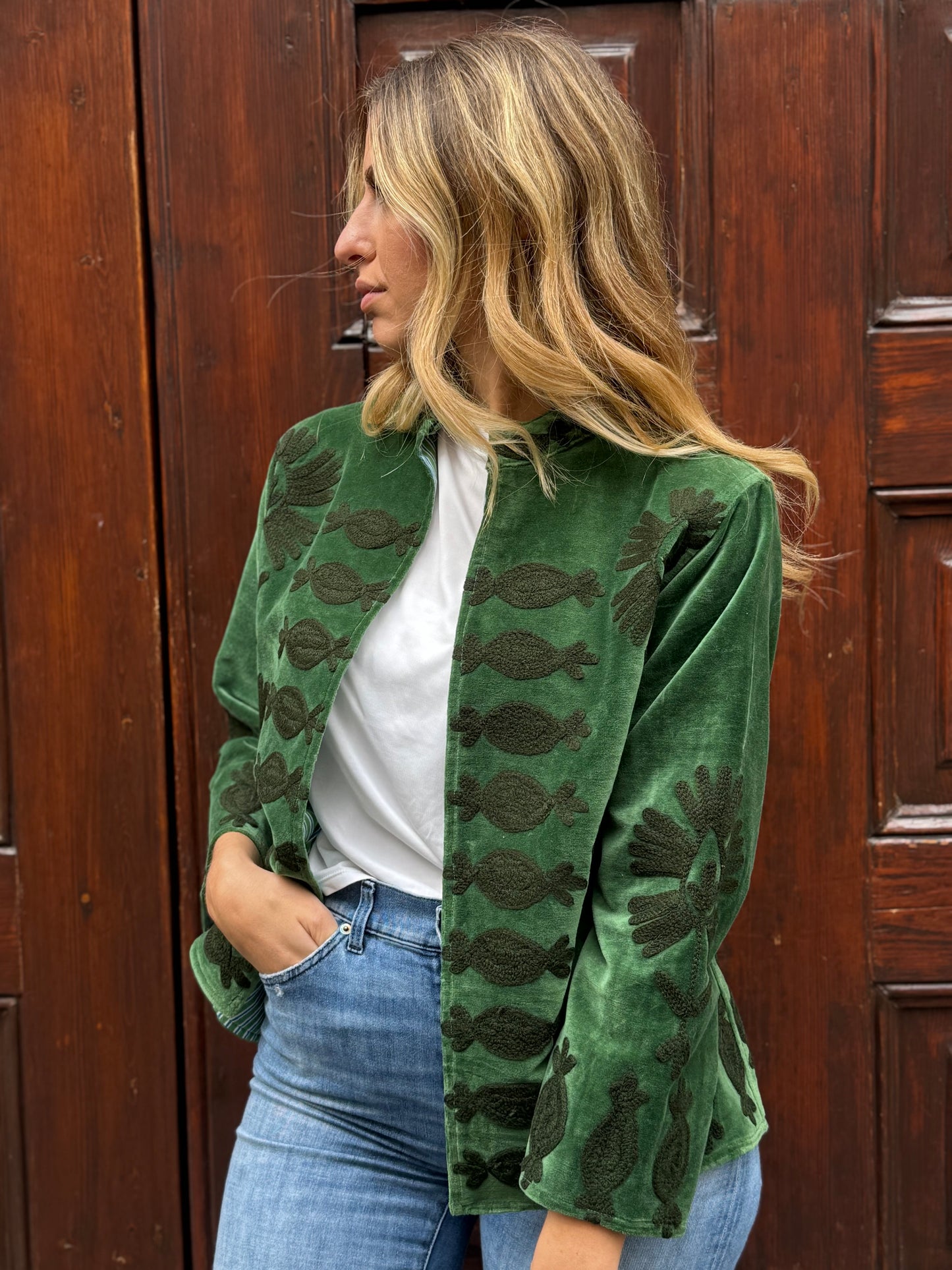 Flower Velvet Jacket - Green Medium