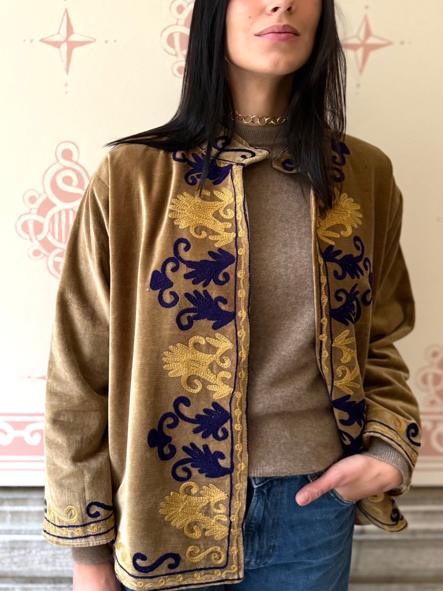 Rani Velvet Suzani Embroidered Jacket - Khaki One Size