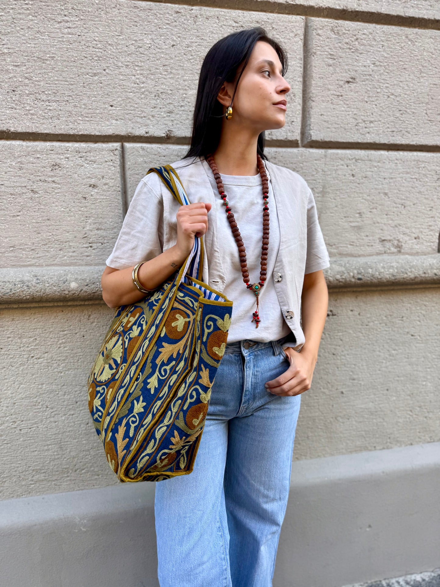 Denim Suzani Embroidered Tote Bag