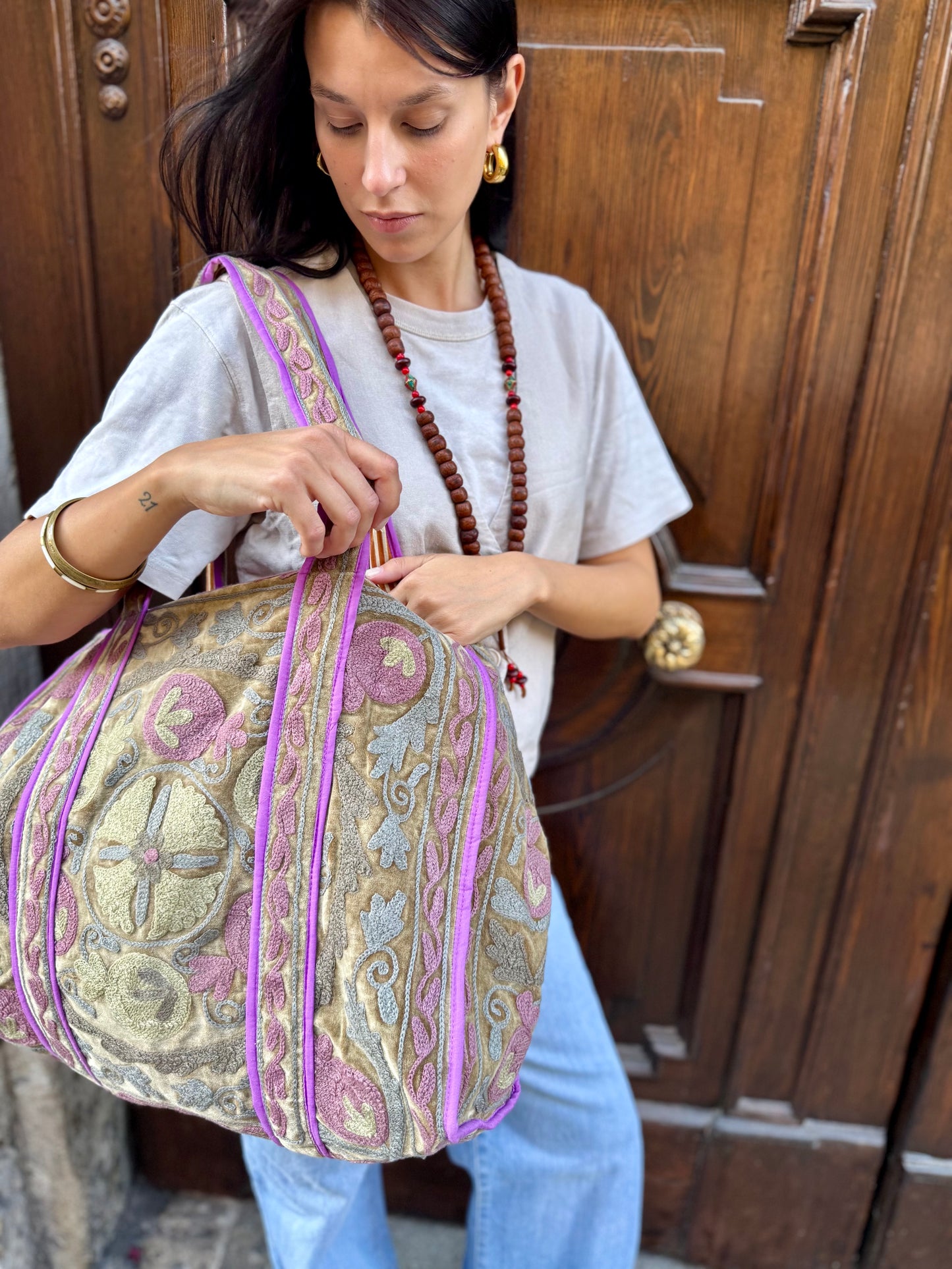 Velvet Suzani Embroidered Tote Bag