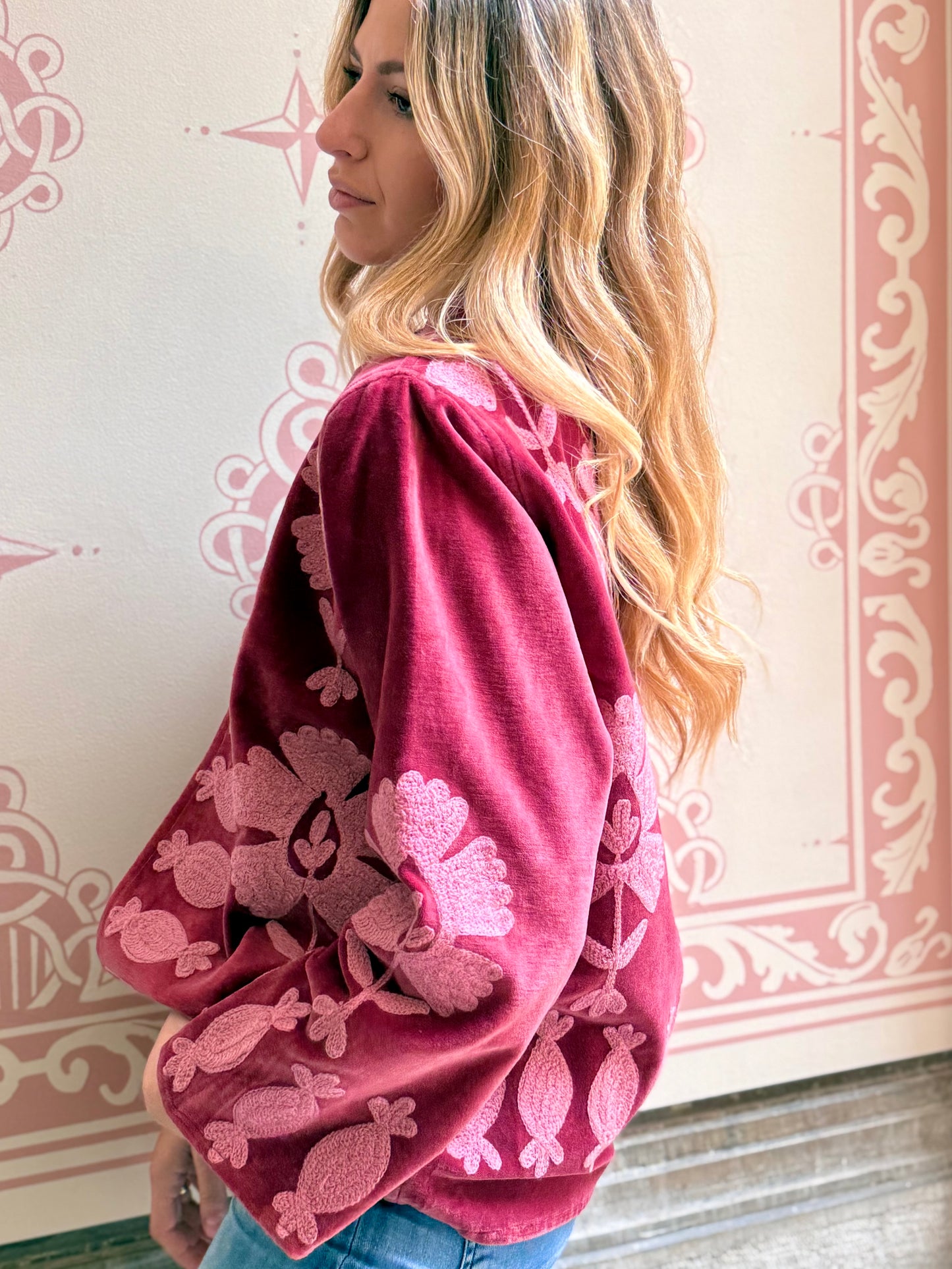 Flower Velvet Jacket - Pink Large