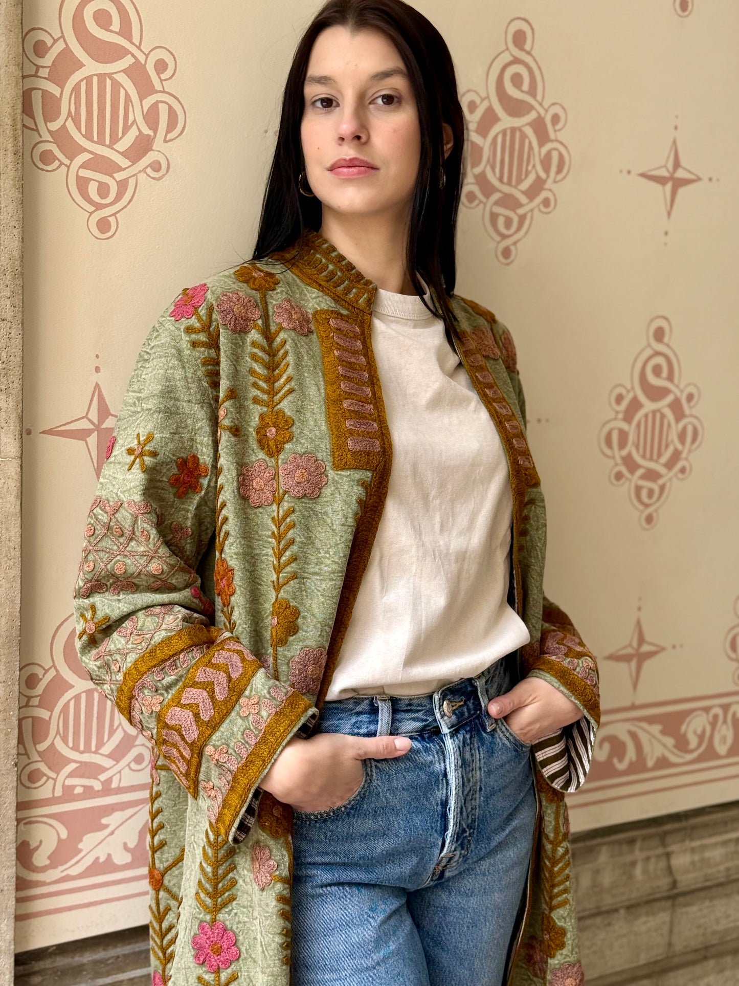 Embroidered Stone Washed Coat - One Size