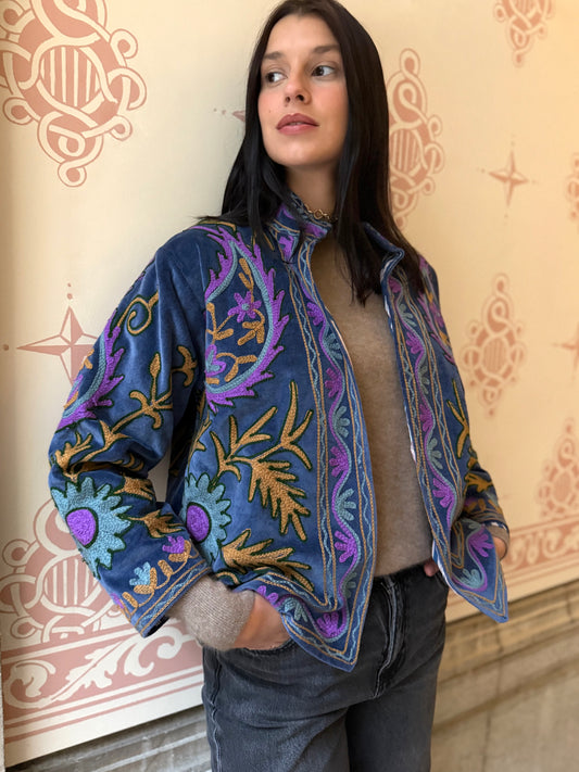 Flame Velvet Suzani Embroidered Jacket - Blue One Size